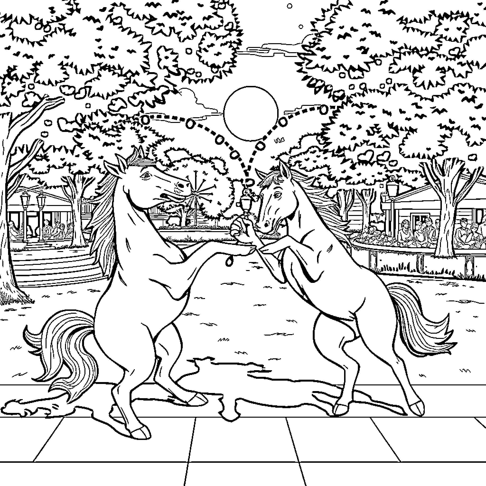 Dog playing with fireworks in a park Coloring Page (free black-and-white line drawing printable PDF for all, from beginners to advanced learners, including children, teens, adults, and seniors)