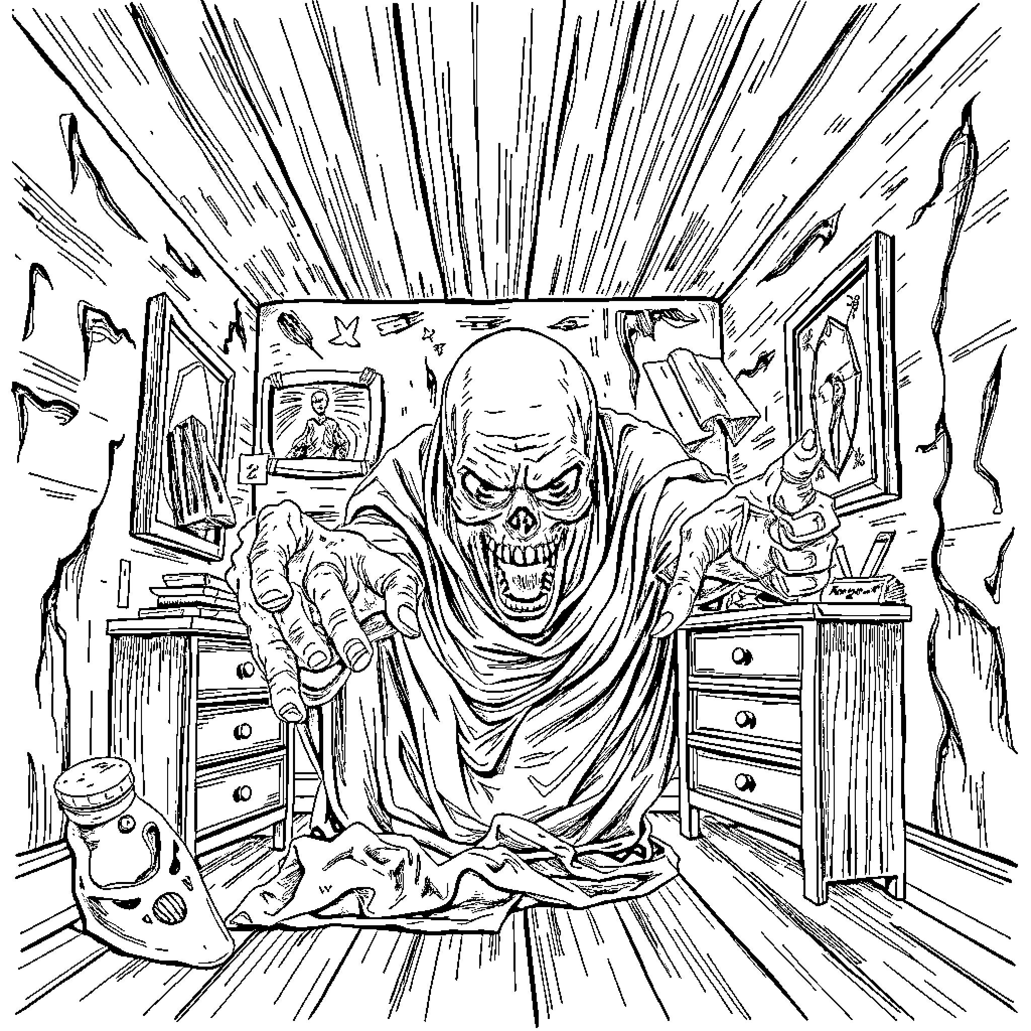 Terror of the Haunted Room Coloring Page (free black-and-white line drawing printable PDF for all, from beginners to advanced learners, including children, teens, adults, and seniors)