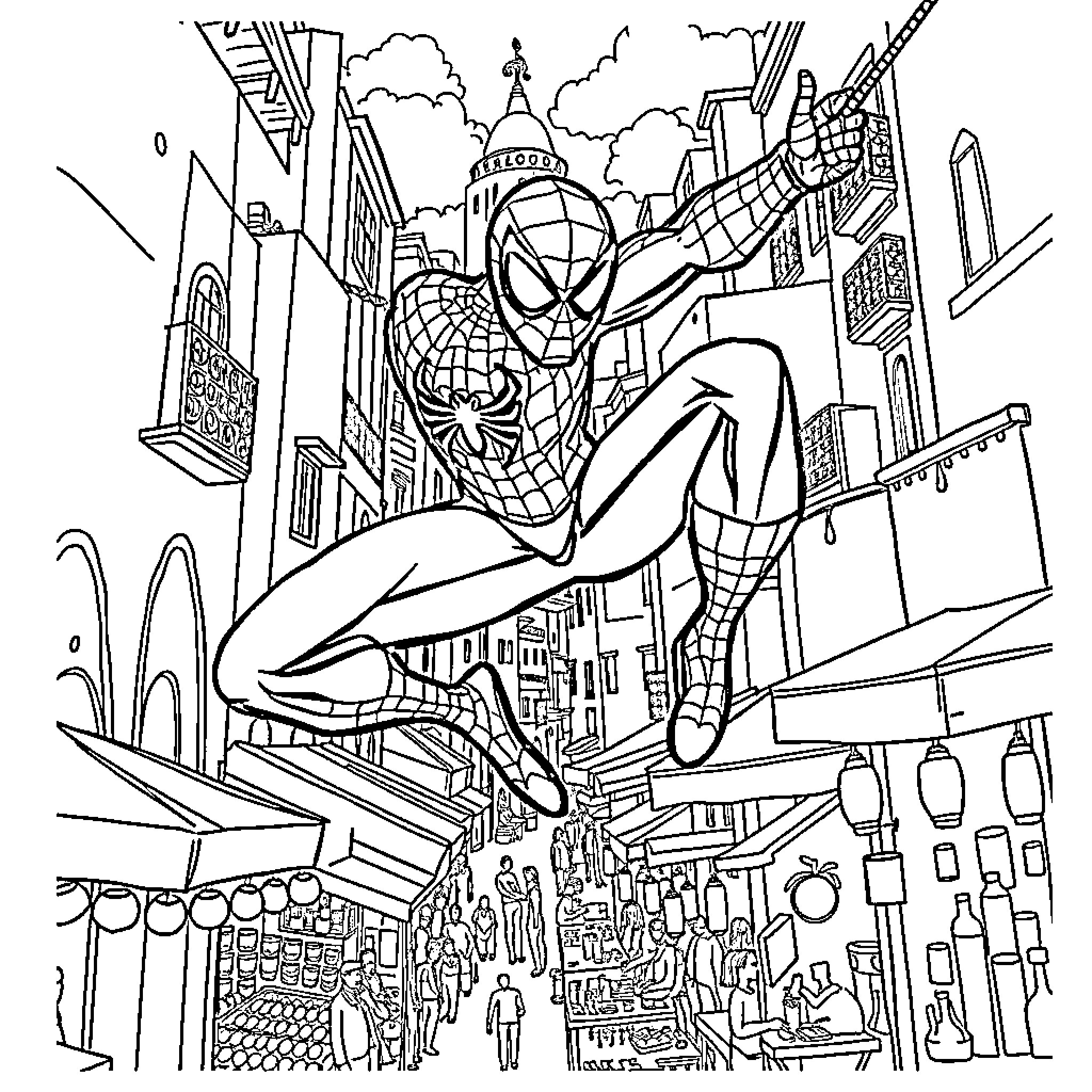Spiderman swinging through the cityscape Coloring Page (free black-and-white line drawing printable PDF for all, from beginners to advanced learners, including children, teens, adults, and seniors)