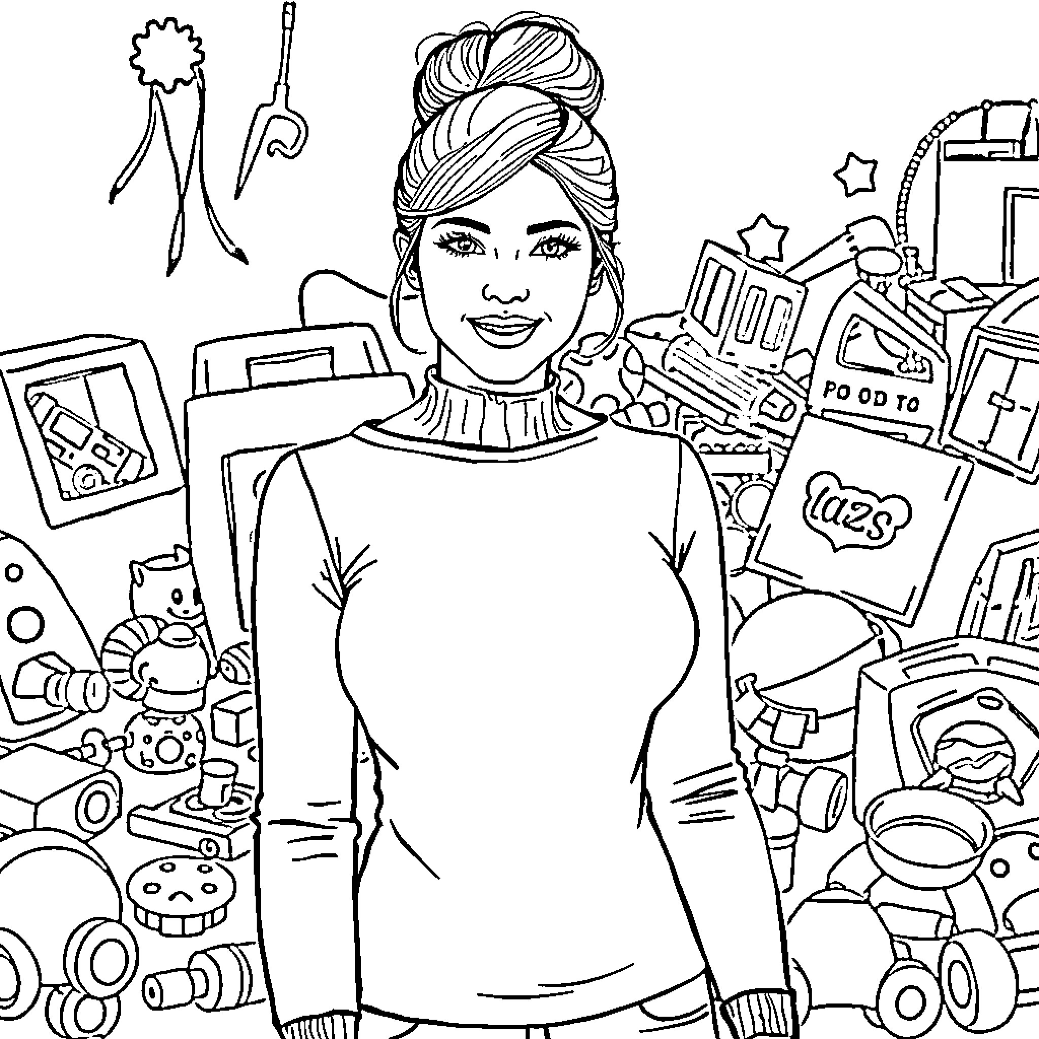 Mom surrounded by crafting and sewing supplies Coloring Page (free black-and-white line drawing printable PDF for all, from beginners to advanced learners, including children, teens, adults, and seniors)