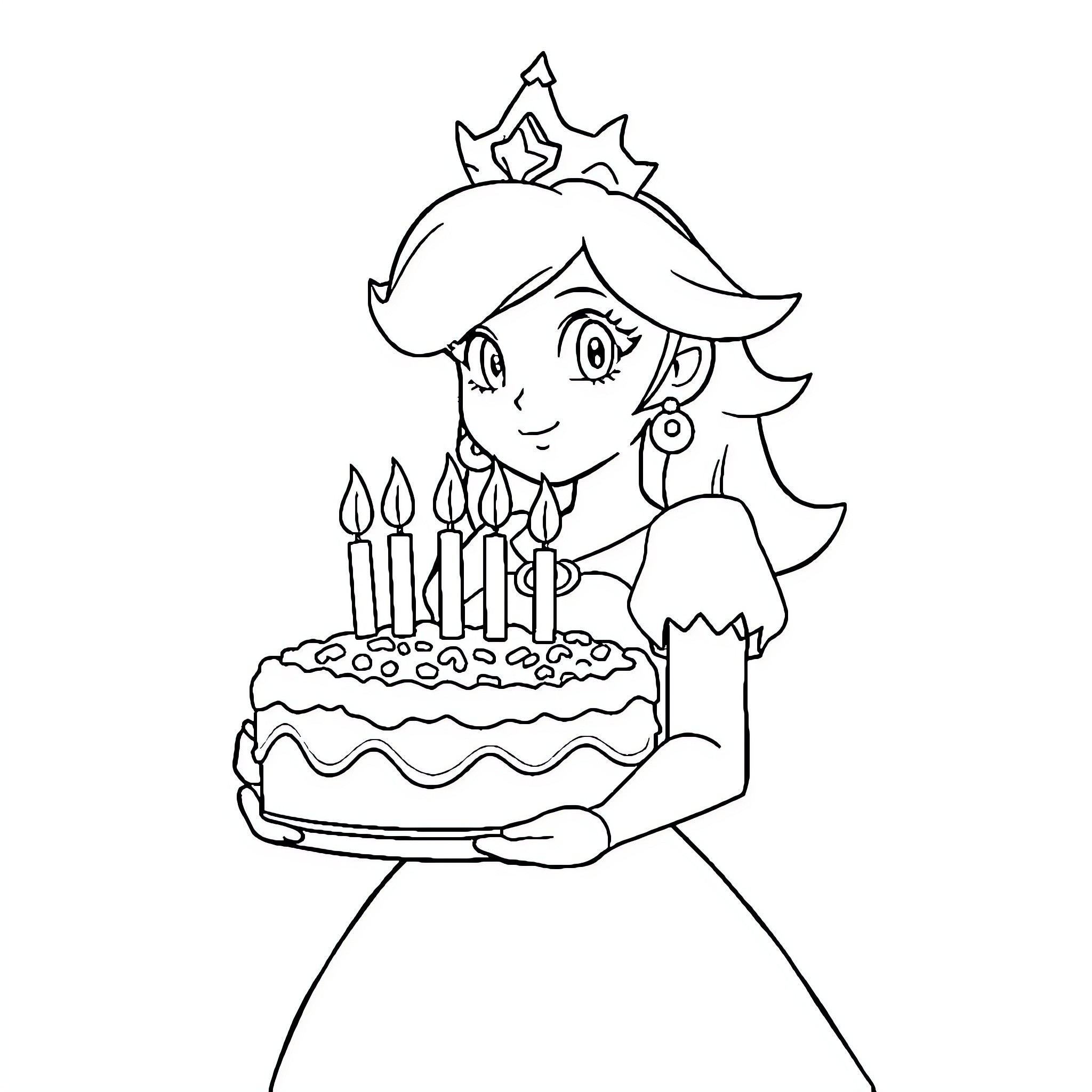 Princess celebrates with birthday cake and candles Coloring Page (free black-and-white line drawing printable PDF for all, from beginners to advanced learners, including children, teens, adults, and seniors)