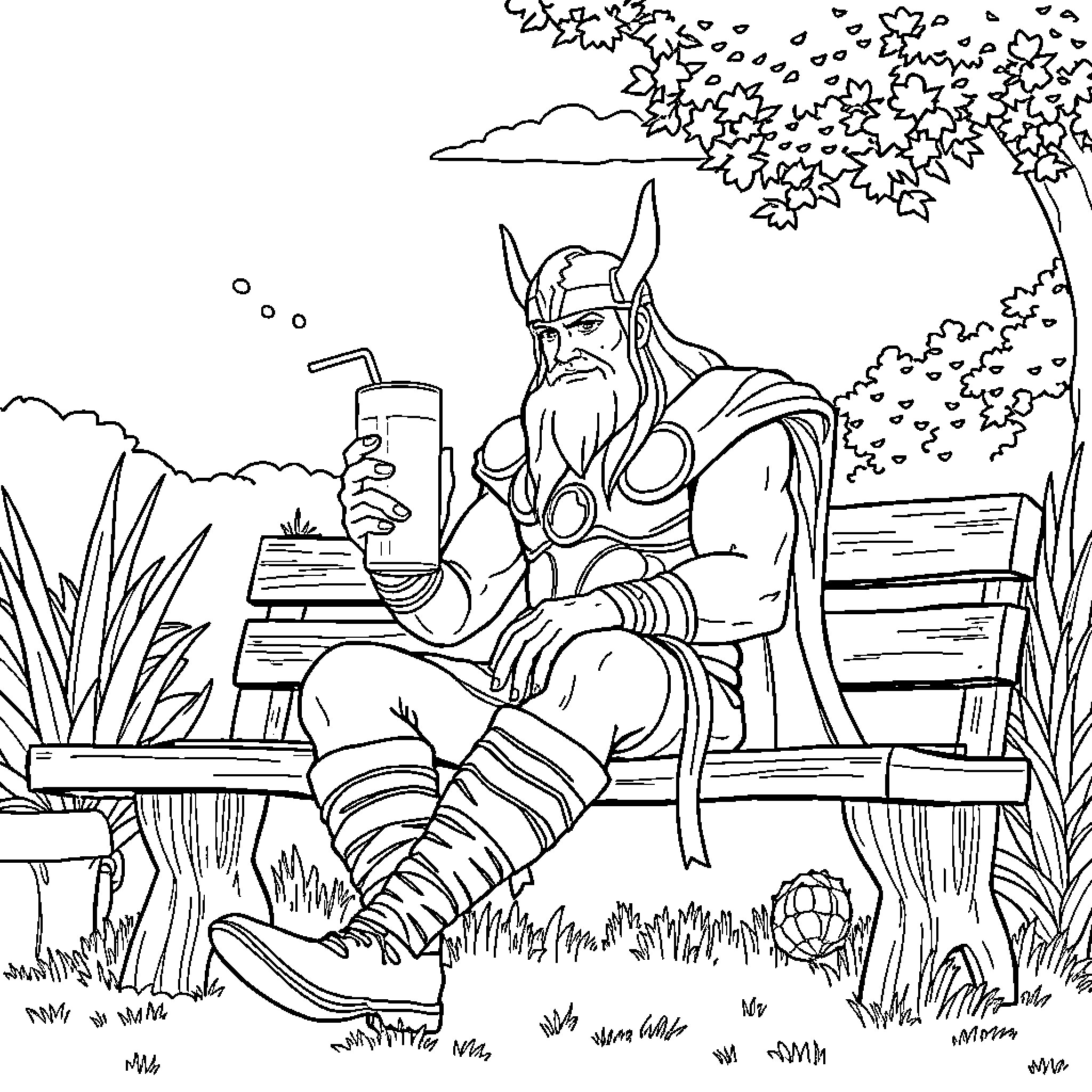 Thor relaxing with a refreshing drink in nature Coloring Page (free black-and-white line drawing printable PDF for all, from beginners to advanced learners, including children, teens, adults, and seniors)