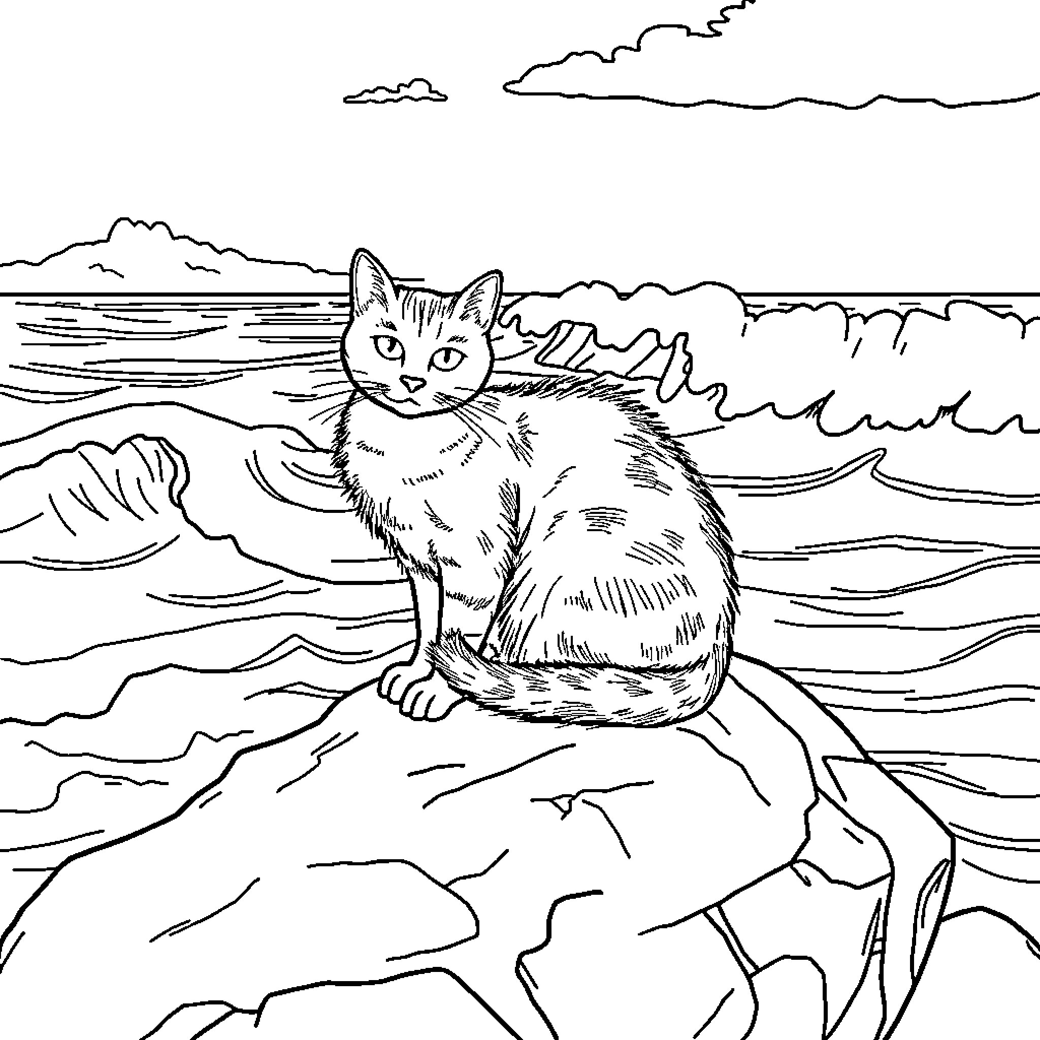 Cat lounging on a rocky beach Coloring Page (free black-and-white line drawing printable PDF for all, from beginners to advanced learners, including children, teens, adults, and seniors)