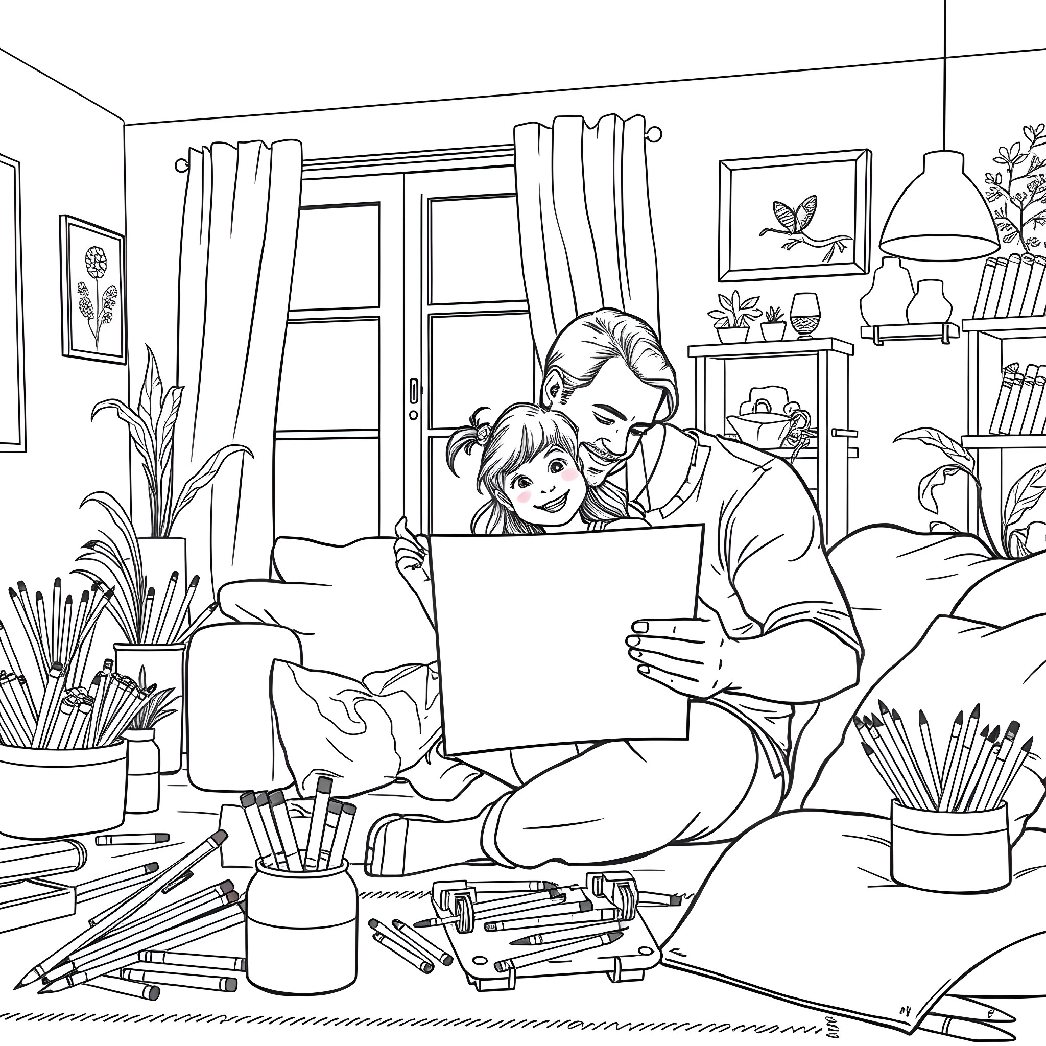 Father and child creating artwork together in cozy home Coloring Page (free black-and-white line drawing printable PDF for all, from beginners to advanced learners, including children, teens, adults, and seniors)
