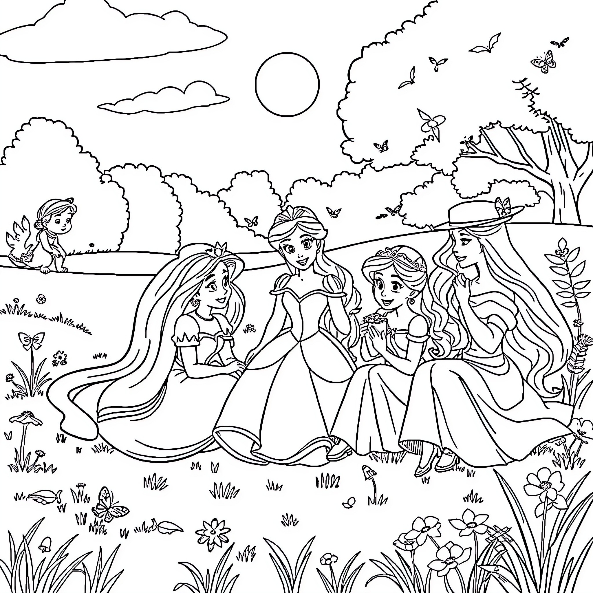 Disney Princess Relaxing in Vibrant Nature Coloring Page (free black-and-white line drawing printable PDF for all, from beginners to advanced learners, including children, teens, adults, and seniors)