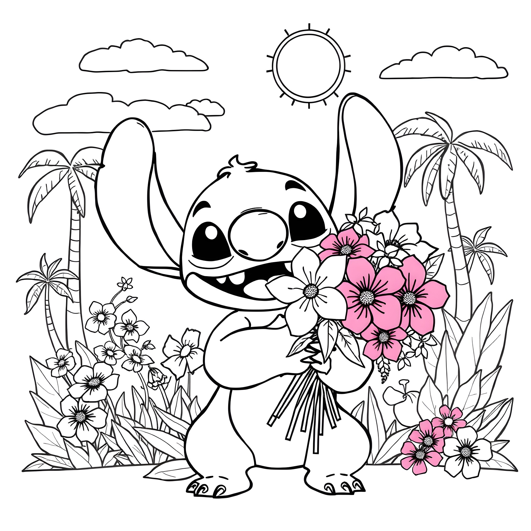 Stitch holding a bouquet of flowers in a tropical scene Coloring Page (free black-and-white line drawing printable PDF for all, from beginners to advanced learners, including children, teens, adults, and seniors)