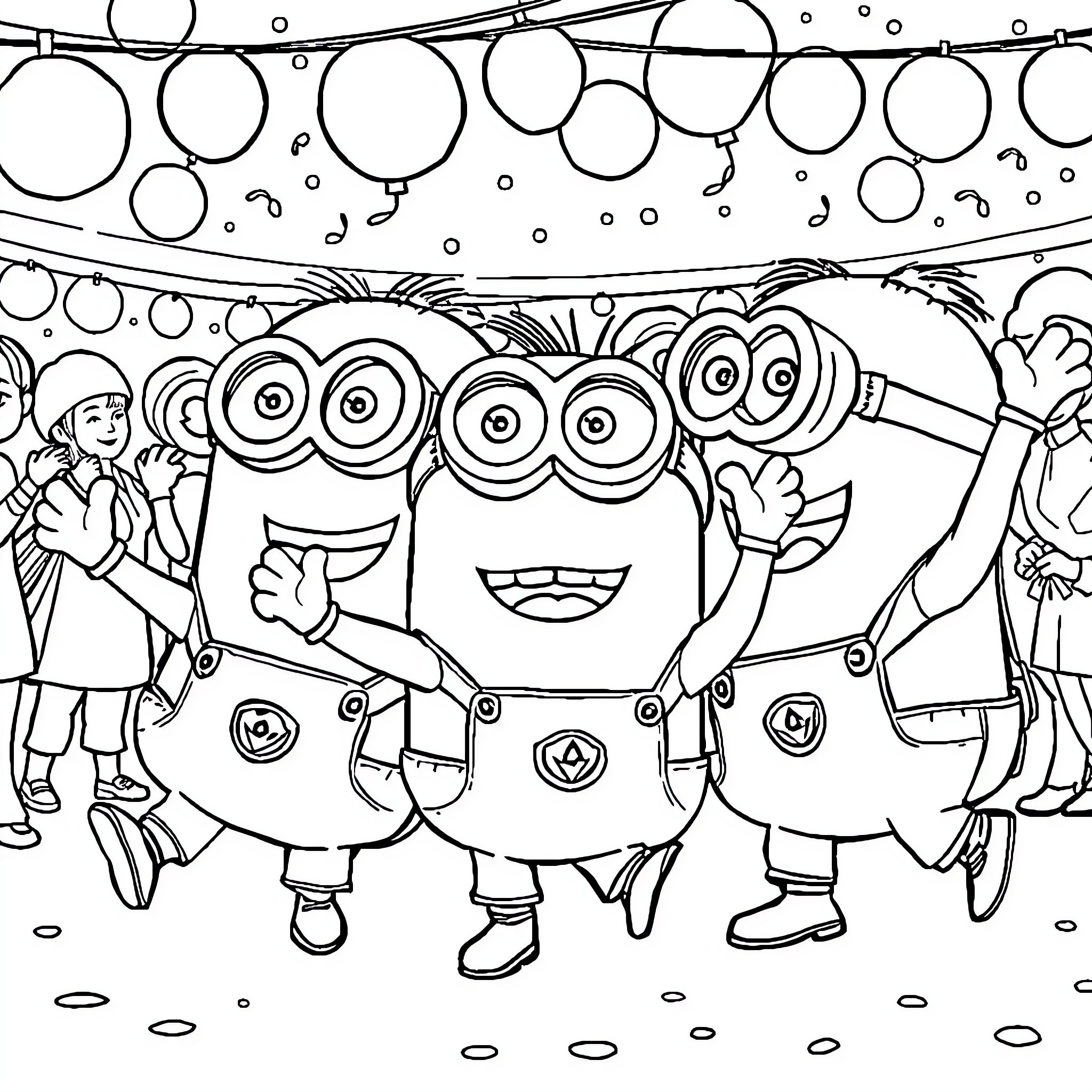 Minions celebrating joyfully in a party-like setting Coloring Page (free black-and-white line drawing printable PDF for all, from beginners to advanced learners, including children, teens, adults, and seniors)
