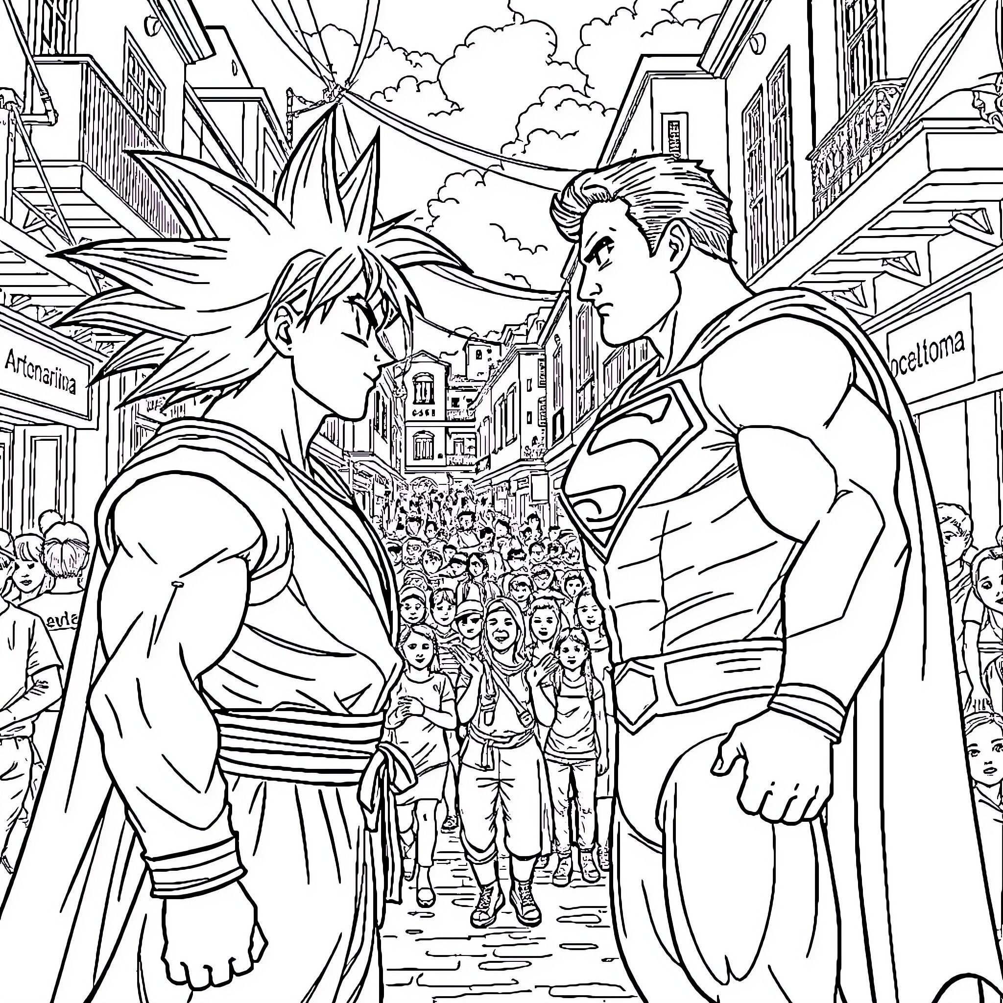 Goku and Superman confront each other in a crowded city Coloring Page (free black-and-white line drawing printable PDF for all, from beginners to advanced learners, including children, teens, adults, and seniors)