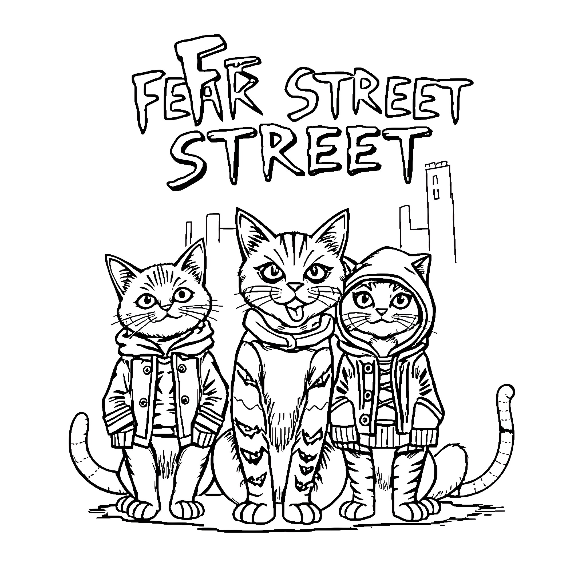 Cat street cats on Fear Street Coloring Page (free black-and-white line drawing printable PDF for all, from beginners to advanced learners, including children, teens, adults, and seniors)