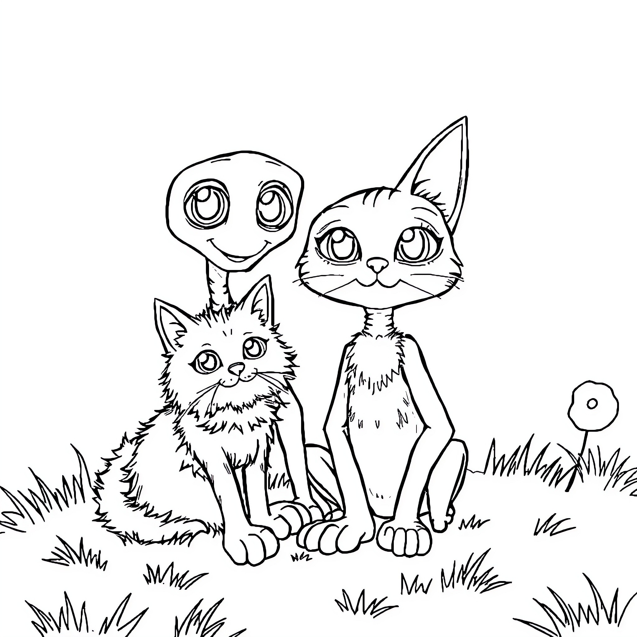 ET Cute Cartoon Animals in the Grass Coloring Page (free black-and-white line drawing printable PDF for all, from beginners to advanced learners, including children, teens, adults, and seniors)