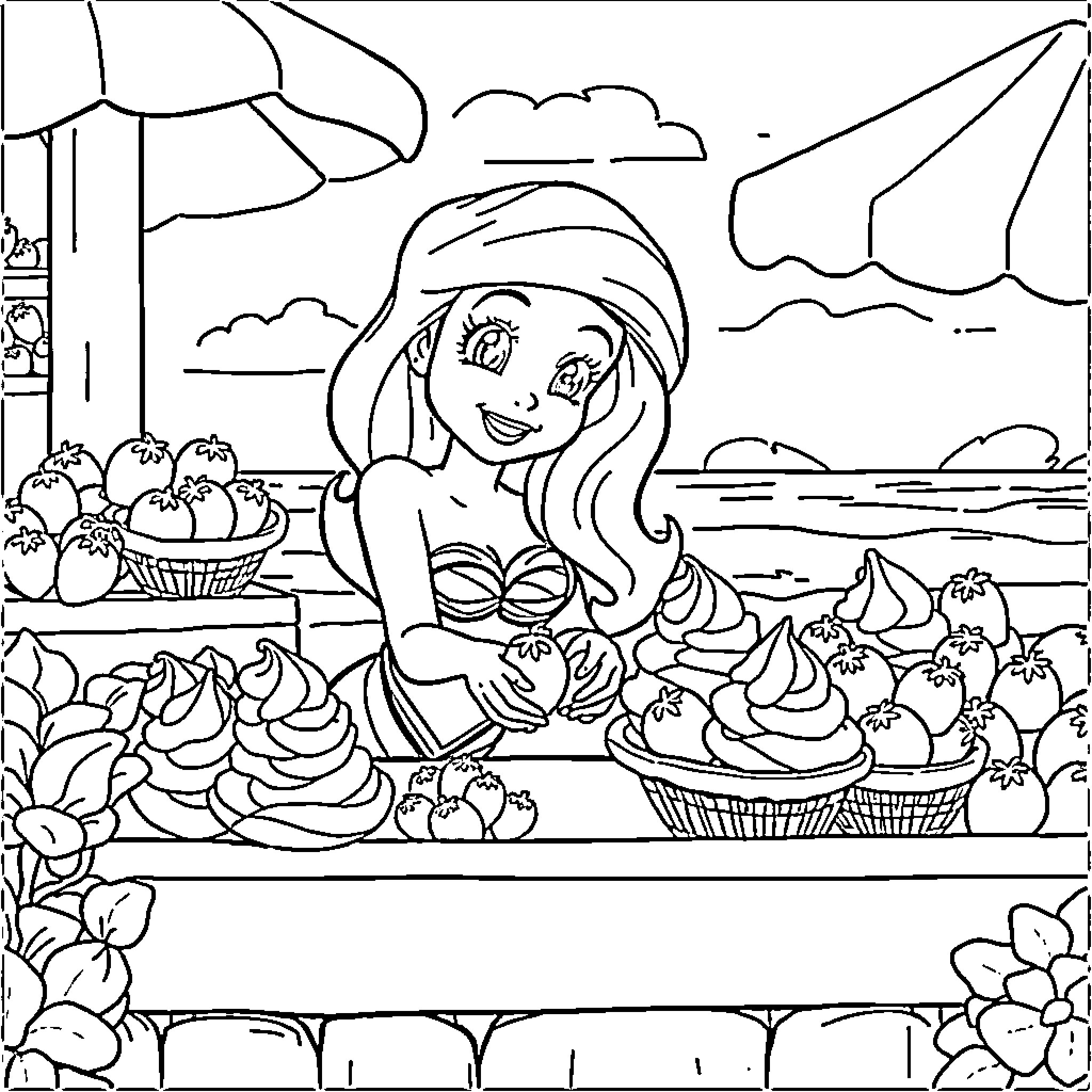 Ariel sells treats at the beachfront market Coloring Page (free black-and-white line drawing printable PDF for all, from beginners to advanced learners, including children, teens, adults, and seniors)