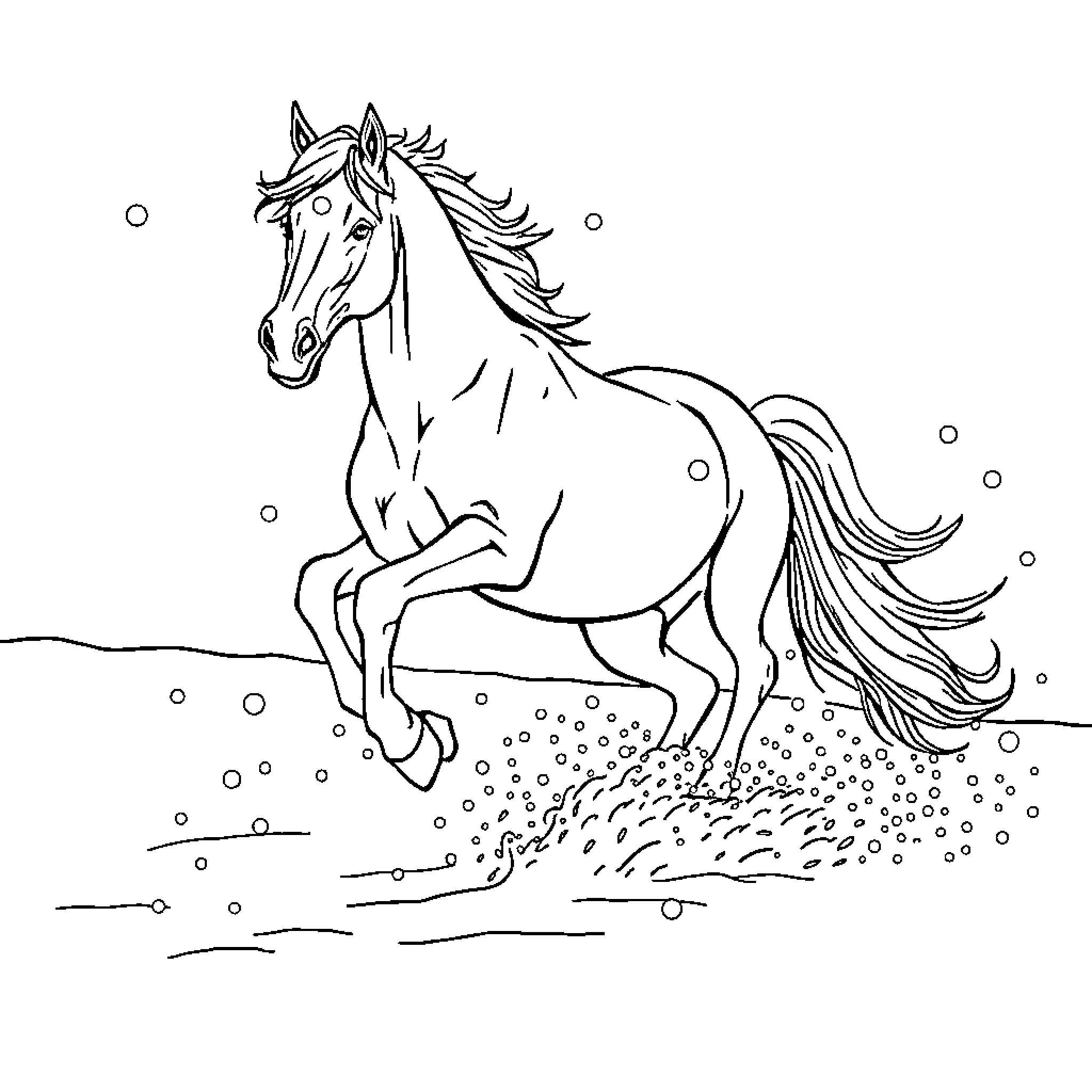 Horse running joyfully through the snowy landscape Coloring Page (free black-and-white line drawing printable PDF for all, from beginners to advanced learners, including children, teens, adults, and seniors)
