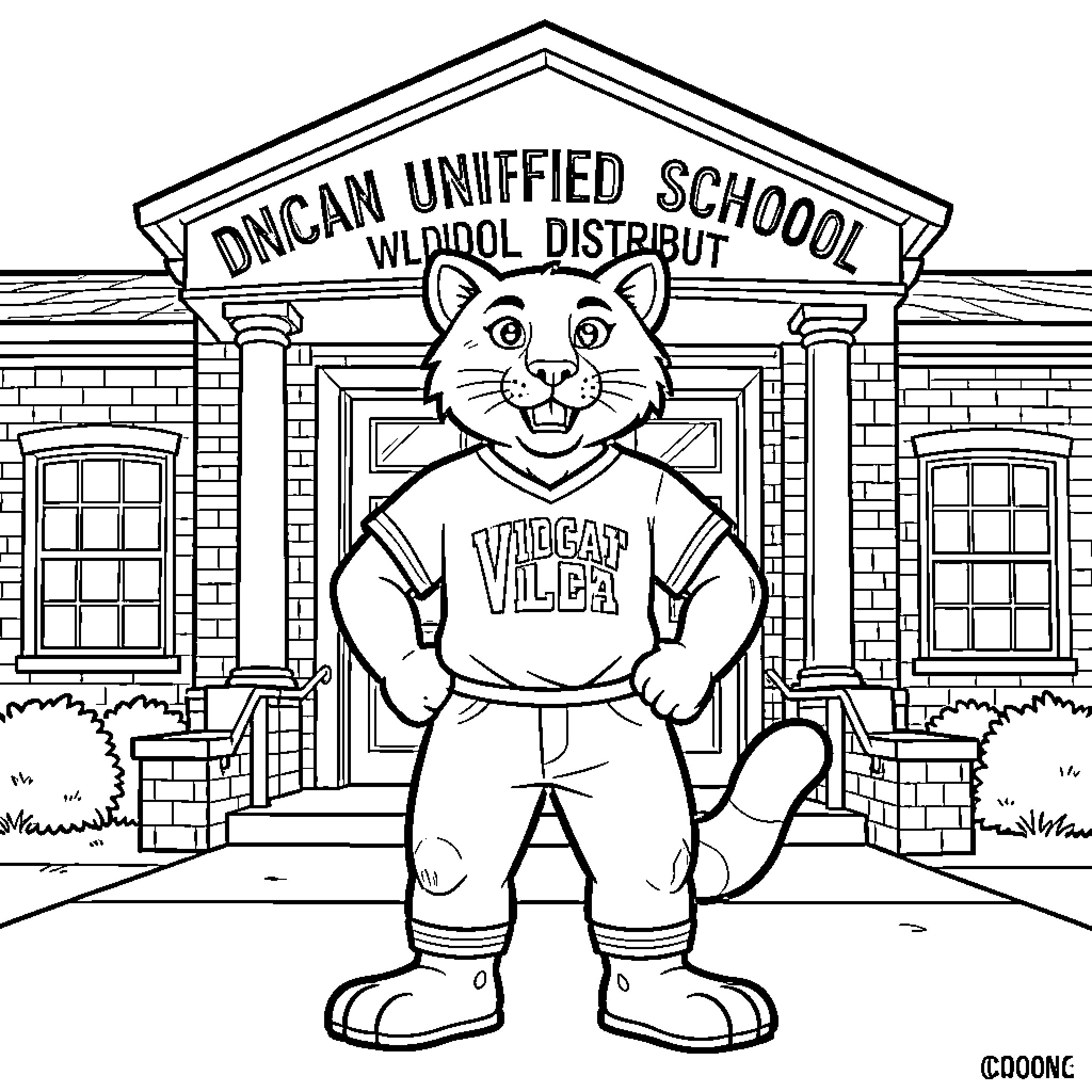 Wildcat mascot standing proudly outside school building Coloring Page (free black-and-white line drawing printable PDF for all, from beginners to advanced learners, including children, teens, adults, and seniors)