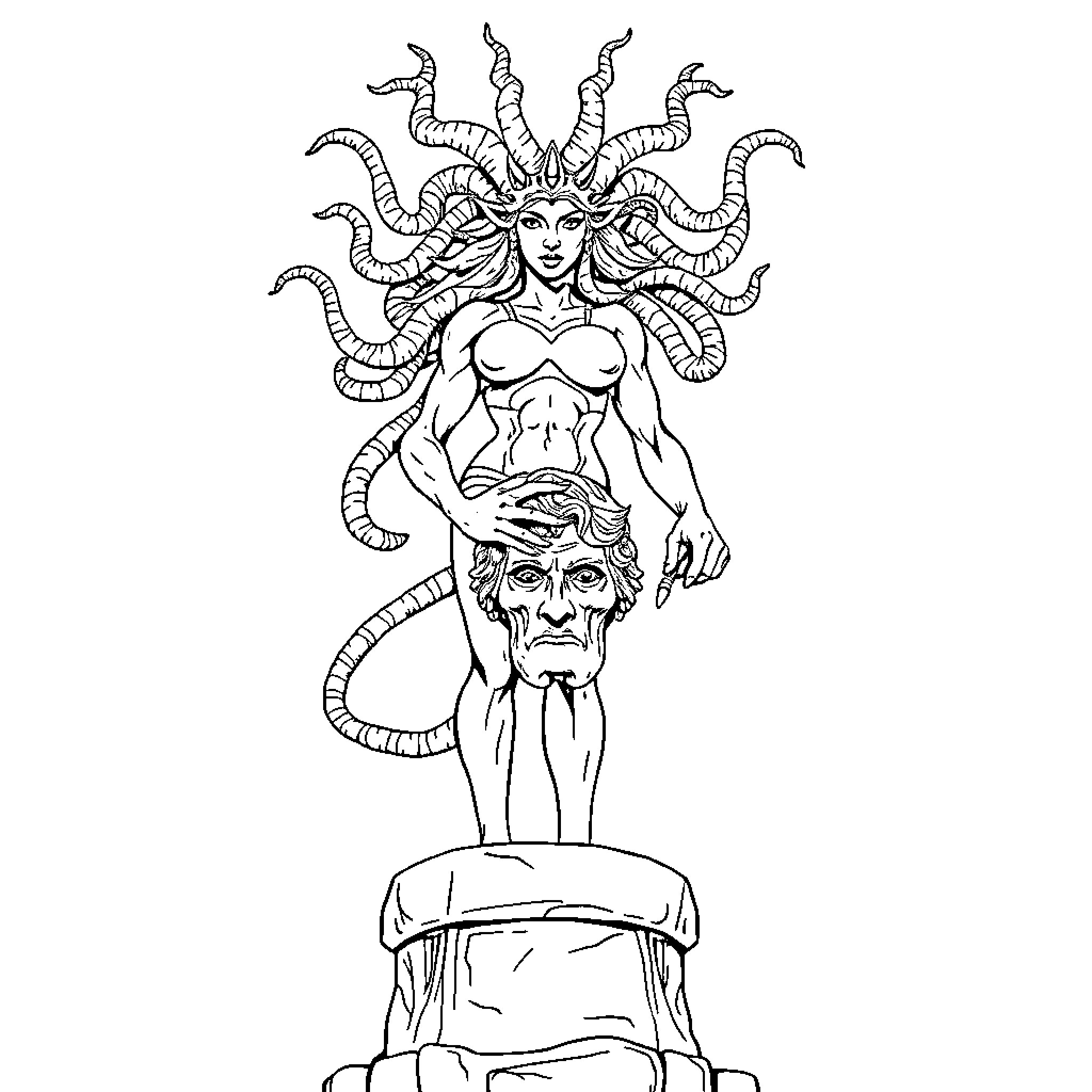Medusa, the Mythical Gorgon with Serpentine Hair Coloring Page (free black-and-white line drawing printable PDF for all, from beginners to advanced learners, including children, teens, adults, and seniors)