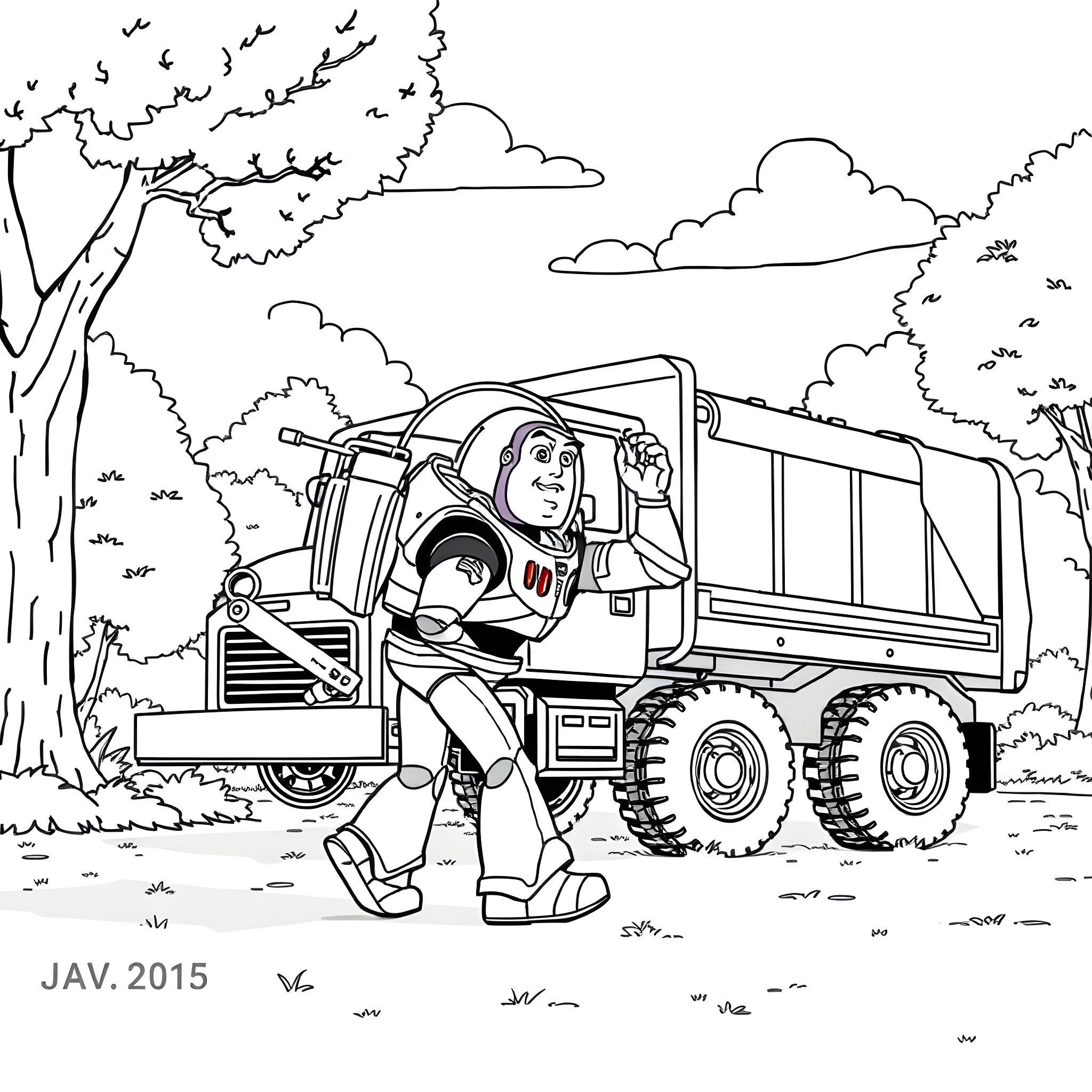 Buzz Lightyear exploring the wilderness in a heavy-duty vehicle Coloring Page (free black-and-white line drawing printable PDF for all, from beginners to advanced learners, including children, teens, adults, and seniors)