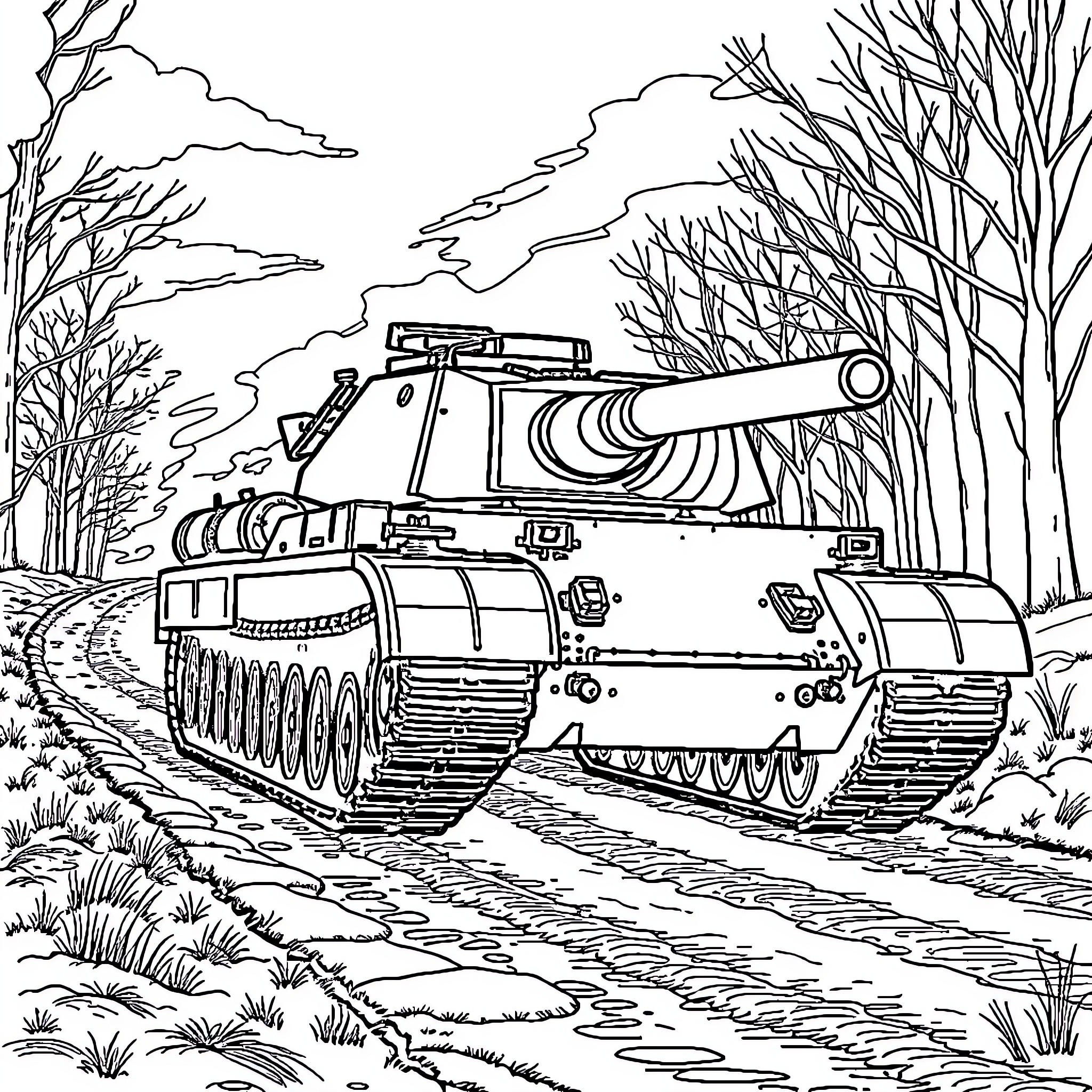 Tank in a Snowy Woodland Landscape Coloring Page (free black-and-white line drawing printable PDF for all, from beginners to advanced learners, including children, teens, adults, and seniors)
