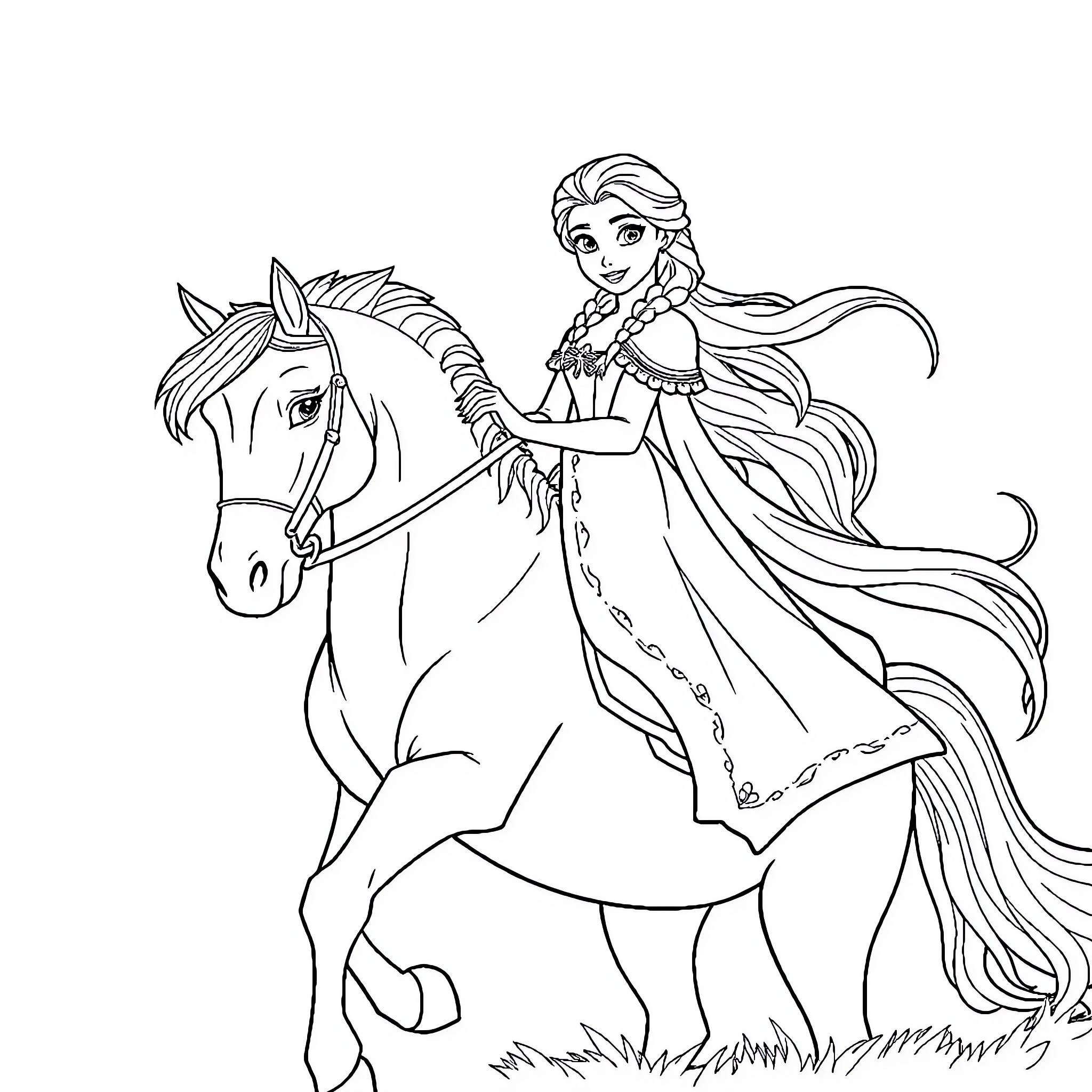 Princess Riding Her Majestic Horse Coloring Page (free black-and-white line drawing printable PDF for all, from beginners to advanced learners, including children, teens, adults, and seniors)