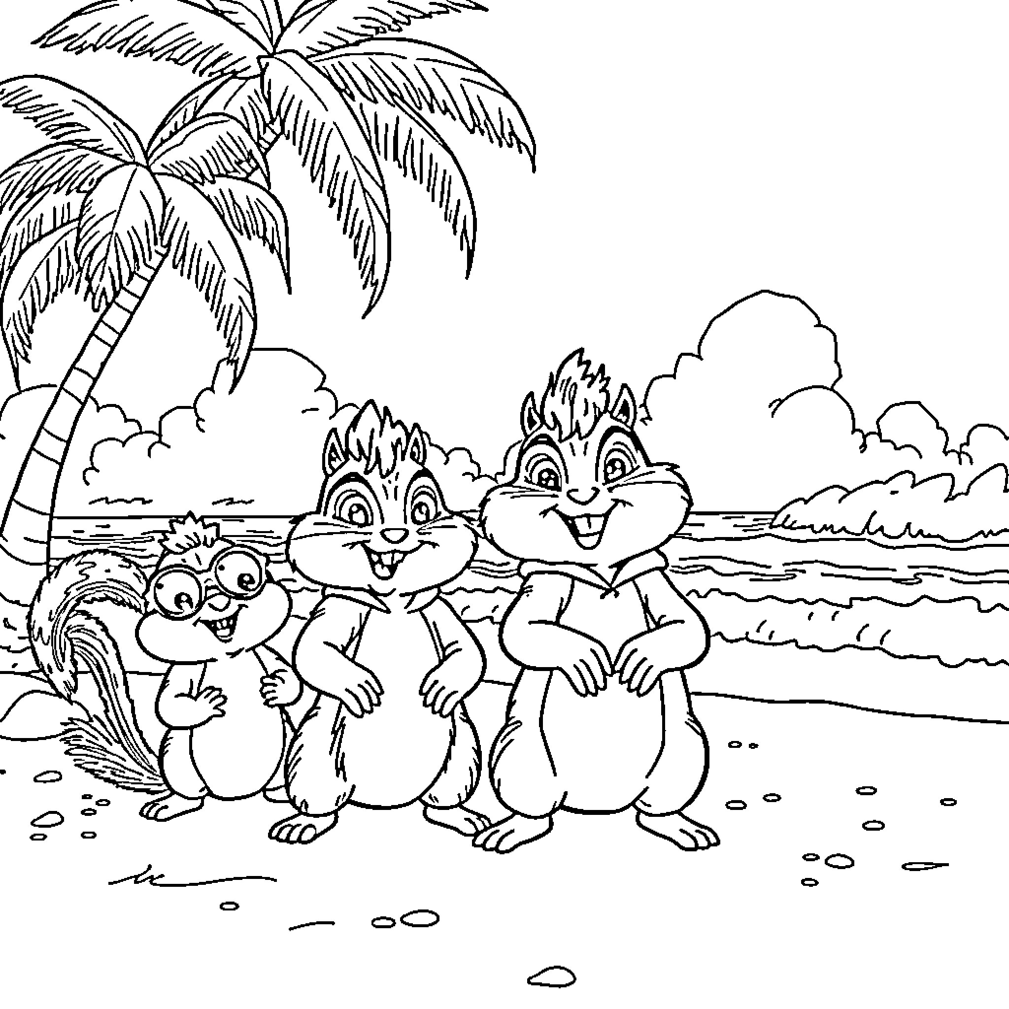 Chipmunks frolicking on a tropical beach Coloring Page (free black-and-white line drawing printable PDF for all, from beginners to advanced learners, including children, teens, adults, and seniors)