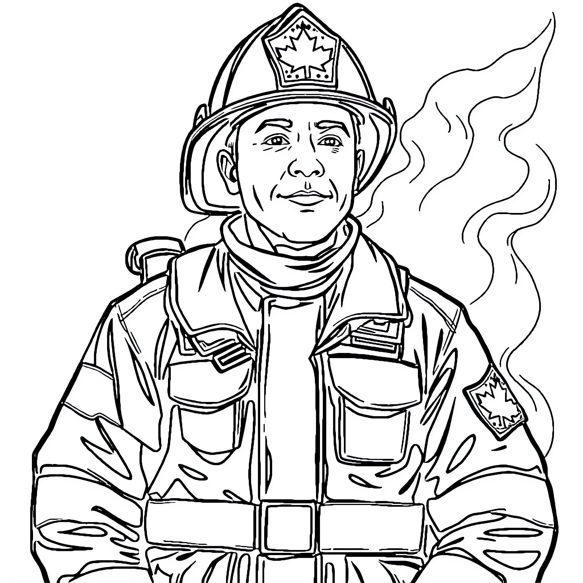 Firefighter in Uniform Providing Emergency Response Coloring Page (free black-and-white line drawing printable PDF for all, from beginners to advanced learners, including children, teens, adults, and seniors)