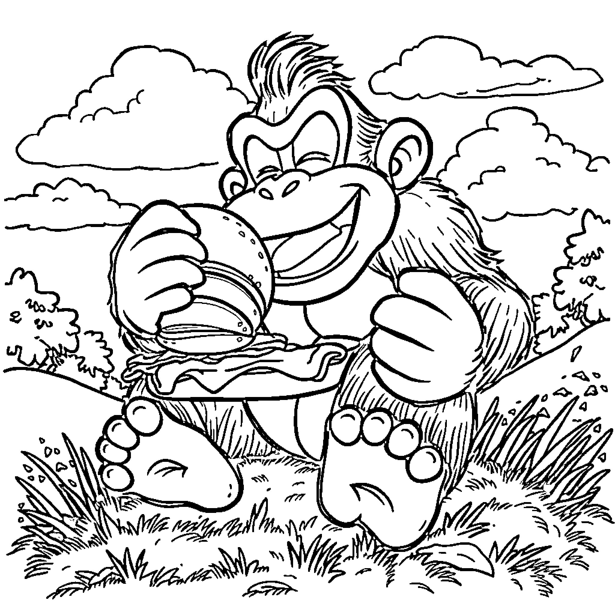 Donkey Kong eating a burger in the countryside Coloring Page (free black-and-white line drawing printable PDF for all, from beginners to advanced learners, including children, teens, adults, and seniors)
