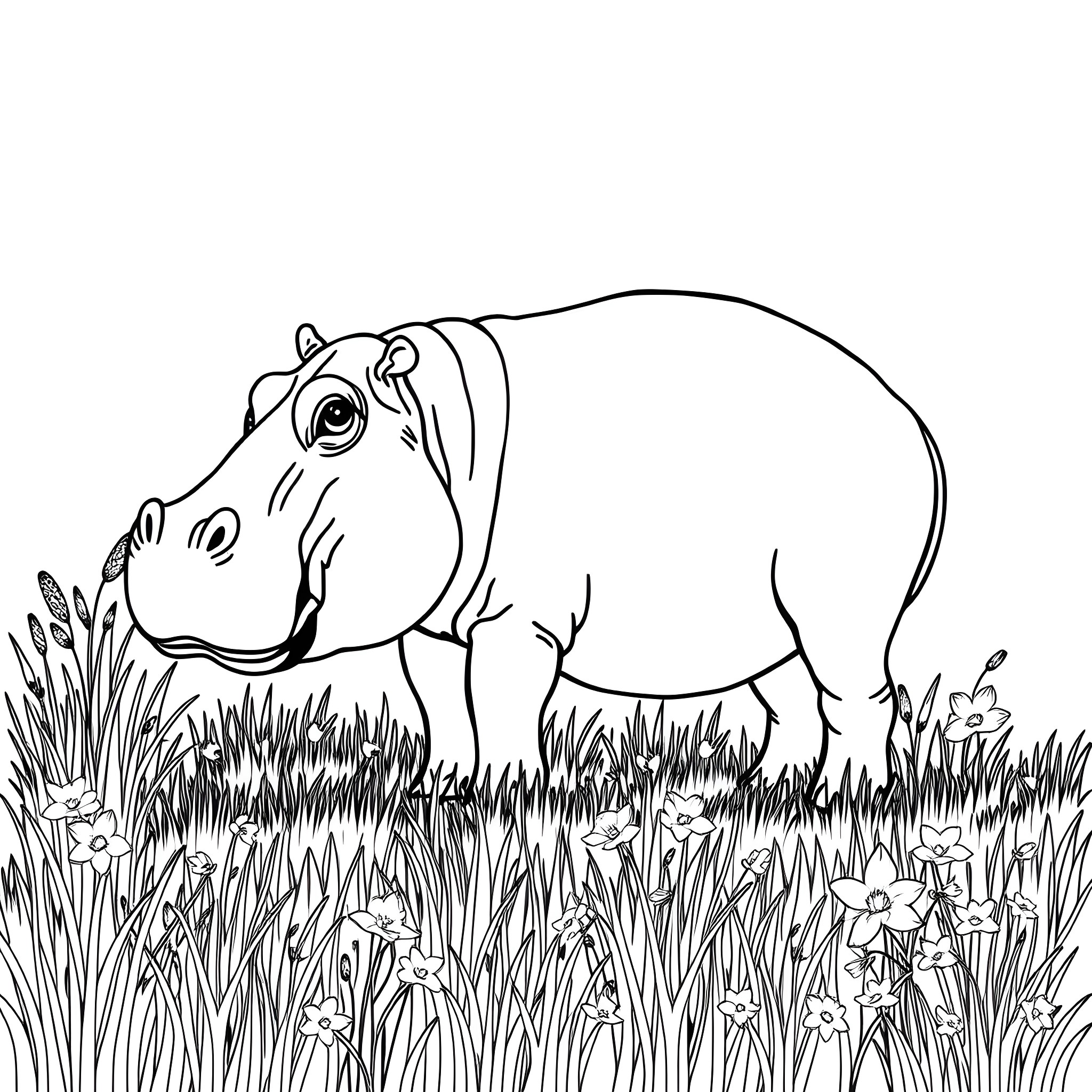 Hippopotamus resting in the tall grass Coloring Page (free black-and-white line drawing printable PDF for all, from beginners to advanced learners, including children, teens, adults, and seniors)