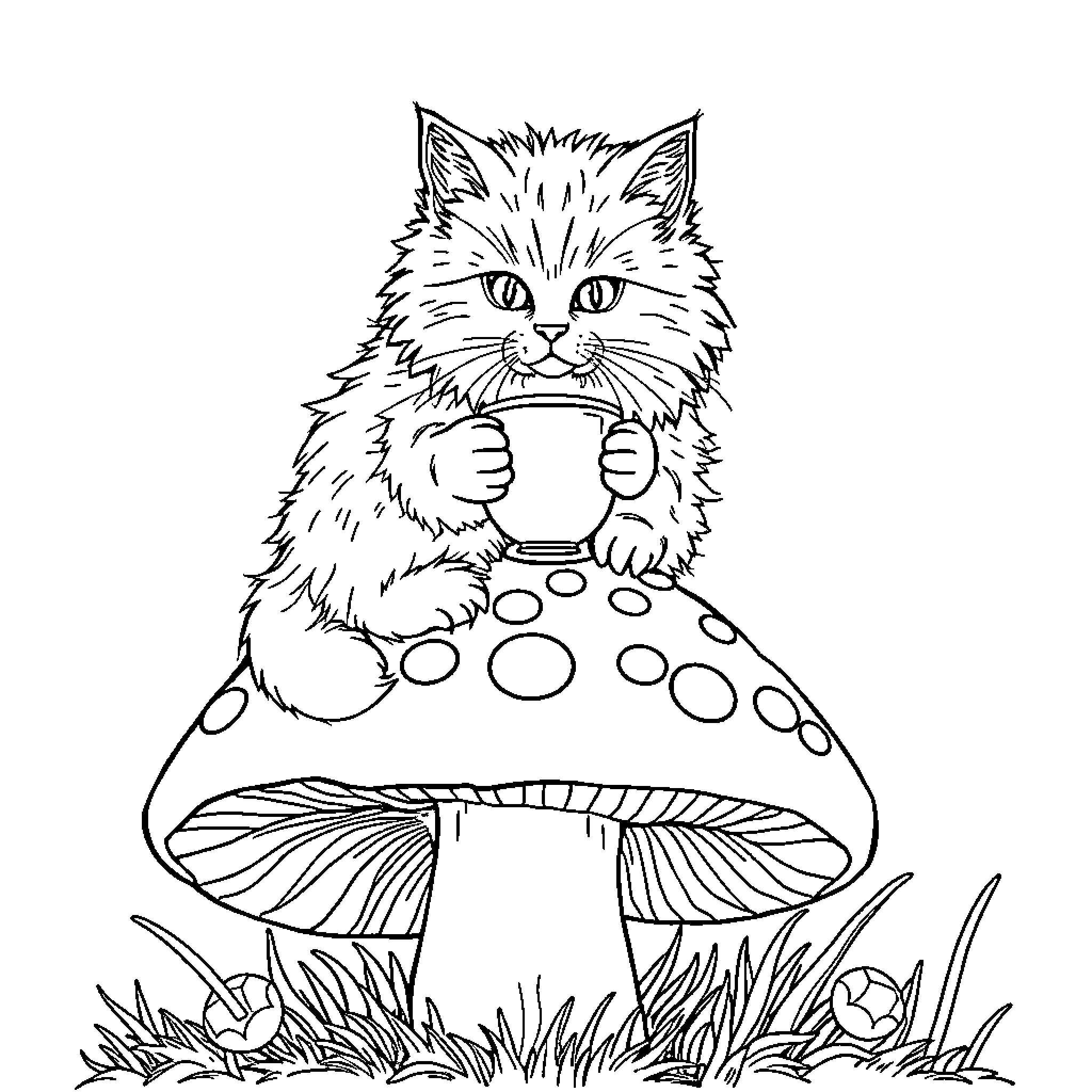 Cat sitting on a mushroom Coloring Page (free black-and-white line drawing printable PDF for all, from beginners to advanced learners, including children, teens, adults, and seniors)