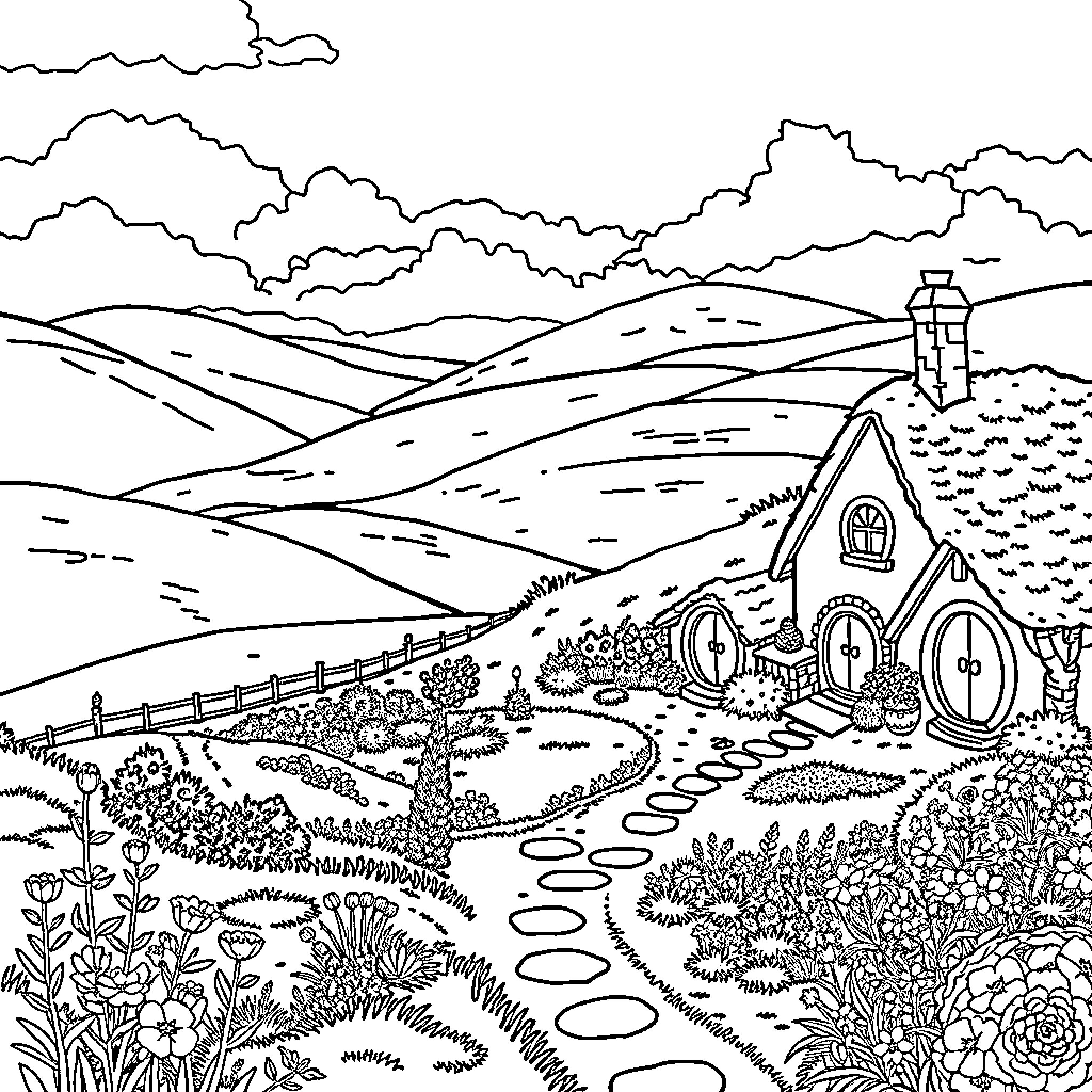 Shire Cottages Nestled in Peaceful Countryside Coloring Page (free black-and-white line drawing printable PDF for all, from beginners to advanced learners, including children, teens, adults, and seniors)