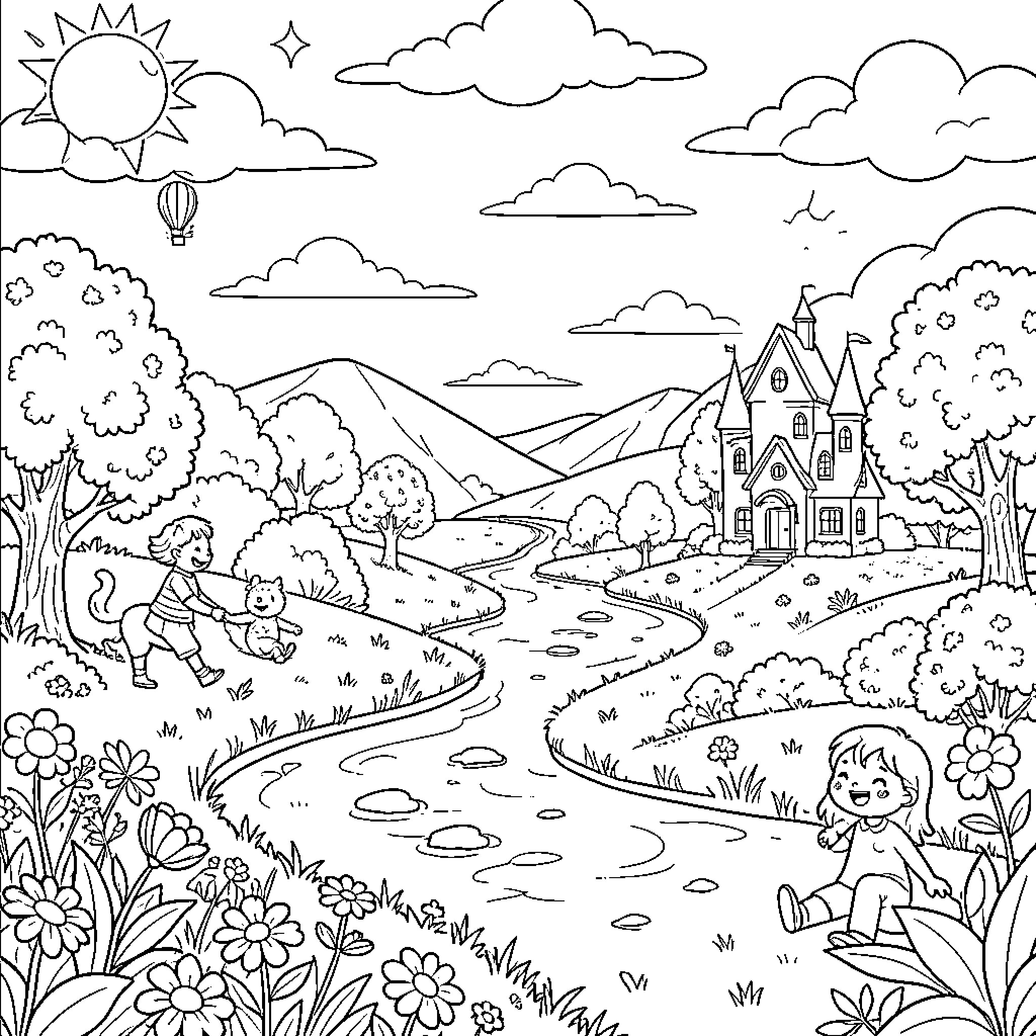 Dream of a Whimsical Countryside Landscape Coloring Page (free black-and-white line drawing printable PDF for all, from beginners to advanced learners, including children, teens, adults, and seniors)