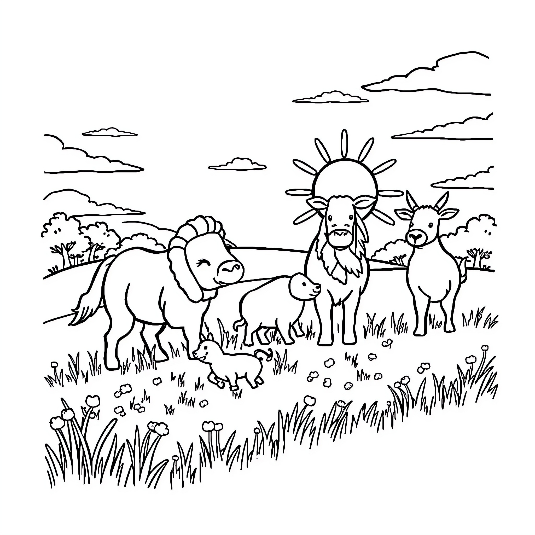 Animal friends enjoying a sunny day outdoors Coloring Page (free black-and-white line drawing printable PDF for all, from beginners to advanced learners, including children, teens, adults, and seniors)