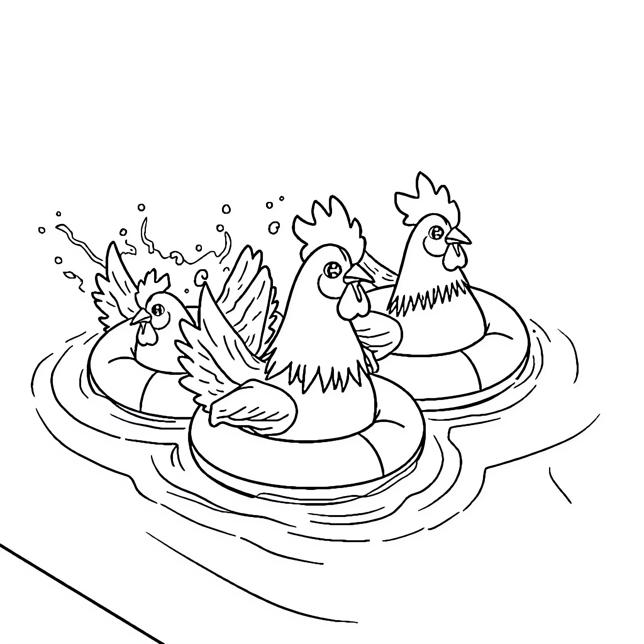 Chicken playing happily in water Coloring Page (free black-and-white line drawing printable PDF for all, from beginners to advanced learners, including children, teens, adults, and seniors)