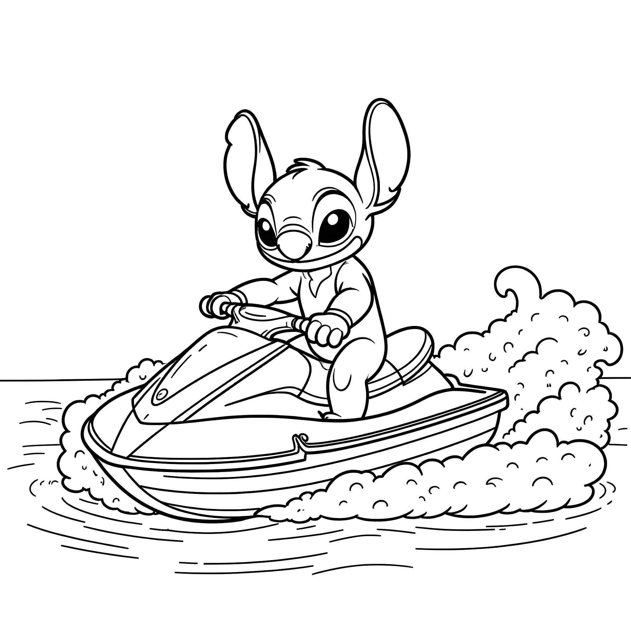 Stitch riding on a jetski in the ocean Coloring Page (free black-and-white line drawing printable PDF for all, from beginners to advanced learners, including children, teens, adults, and seniors)