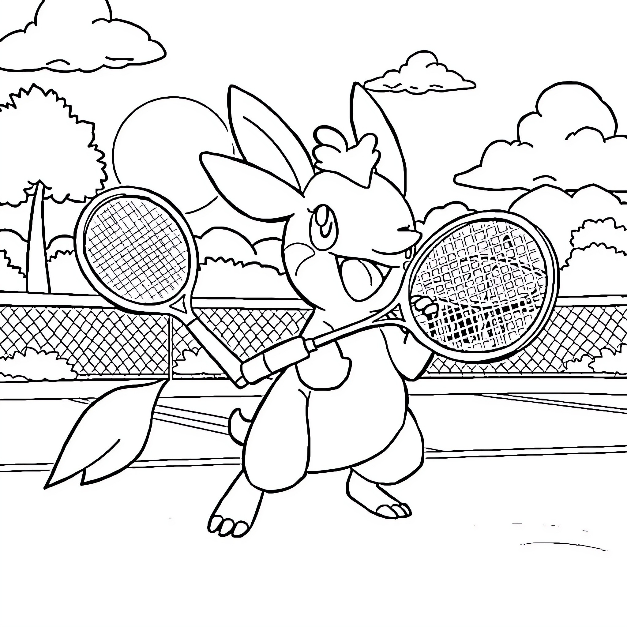 Archeus Rabbit Playing Tennis on Court Coloring Page (free black-and-white line drawing printable PDF for all, from beginners to advanced learners, including children, teens, adults, and seniors)