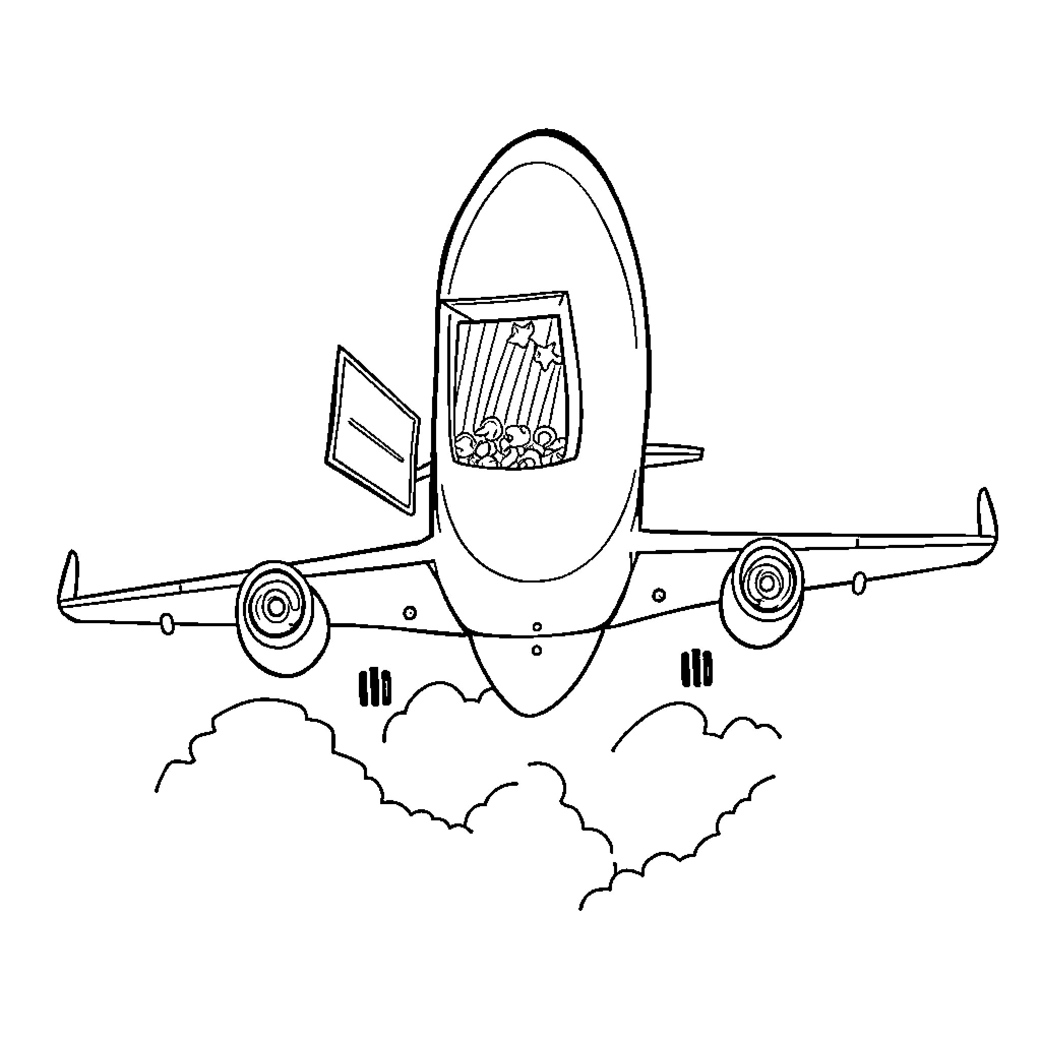 Flying Plane Departing from Clouds Coloring Page (free black-and-white line drawing printable PDF for all, from beginners to advanced learners, including children, teens, adults, and seniors)