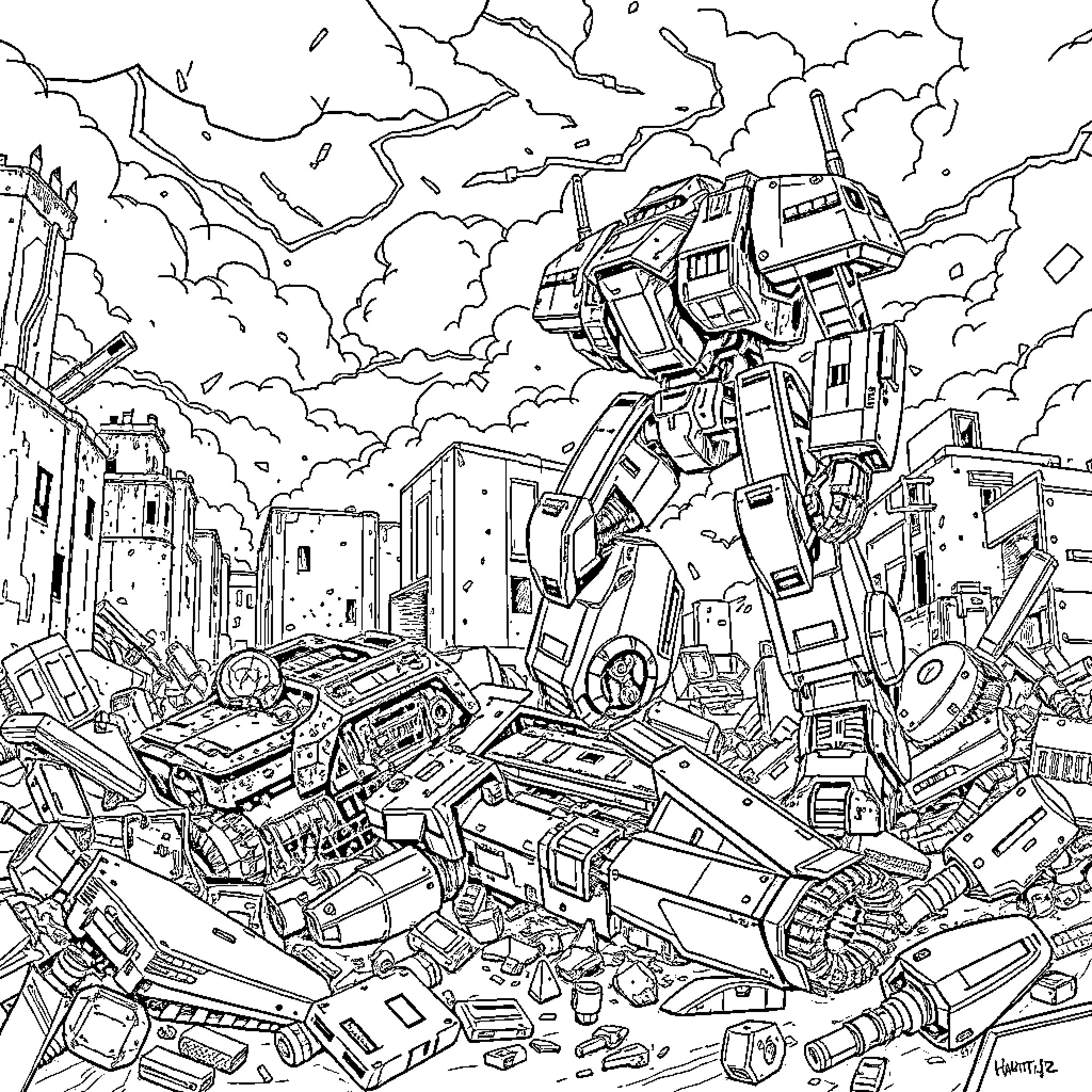 Mechwarrior battles amidst the ruins and debris of a devastated city Coloring Page (free black-and-white line drawing printable PDF for all, from beginners to advanced learners, including children, teens, adults, and seniors)