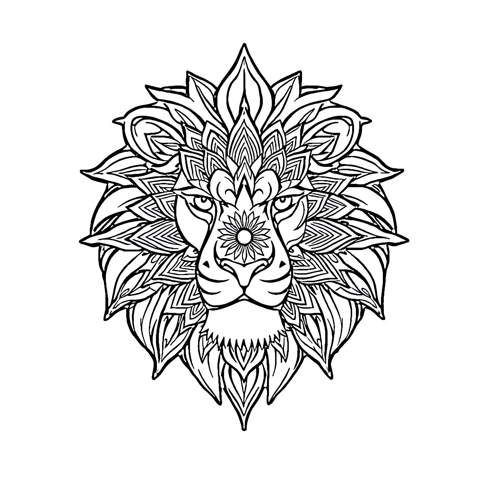 Lion with intricate floral mandala pattern Coloring Page (free black-and-white line drawing printable PDF for all, from beginners to advanced learners, including children, teens, adults, and seniors)