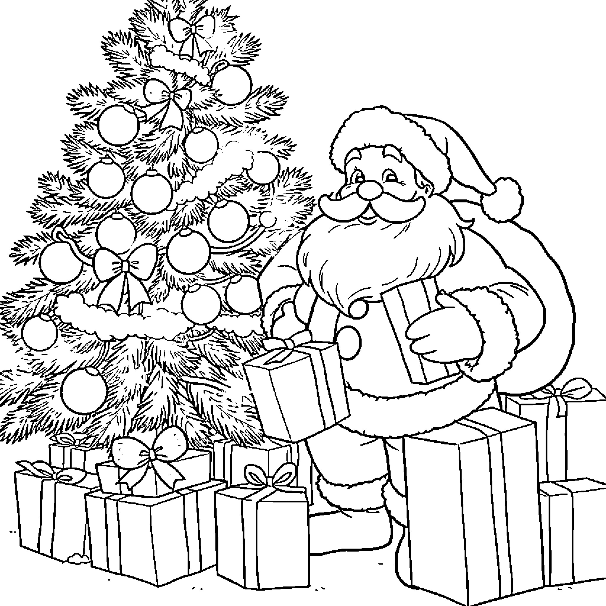 Santa decorating Christmas tree with presents Coloring Page (free black-and-white line drawing printable PDF for all, from beginners to advanced learners, including children, teens, adults, and seniors)