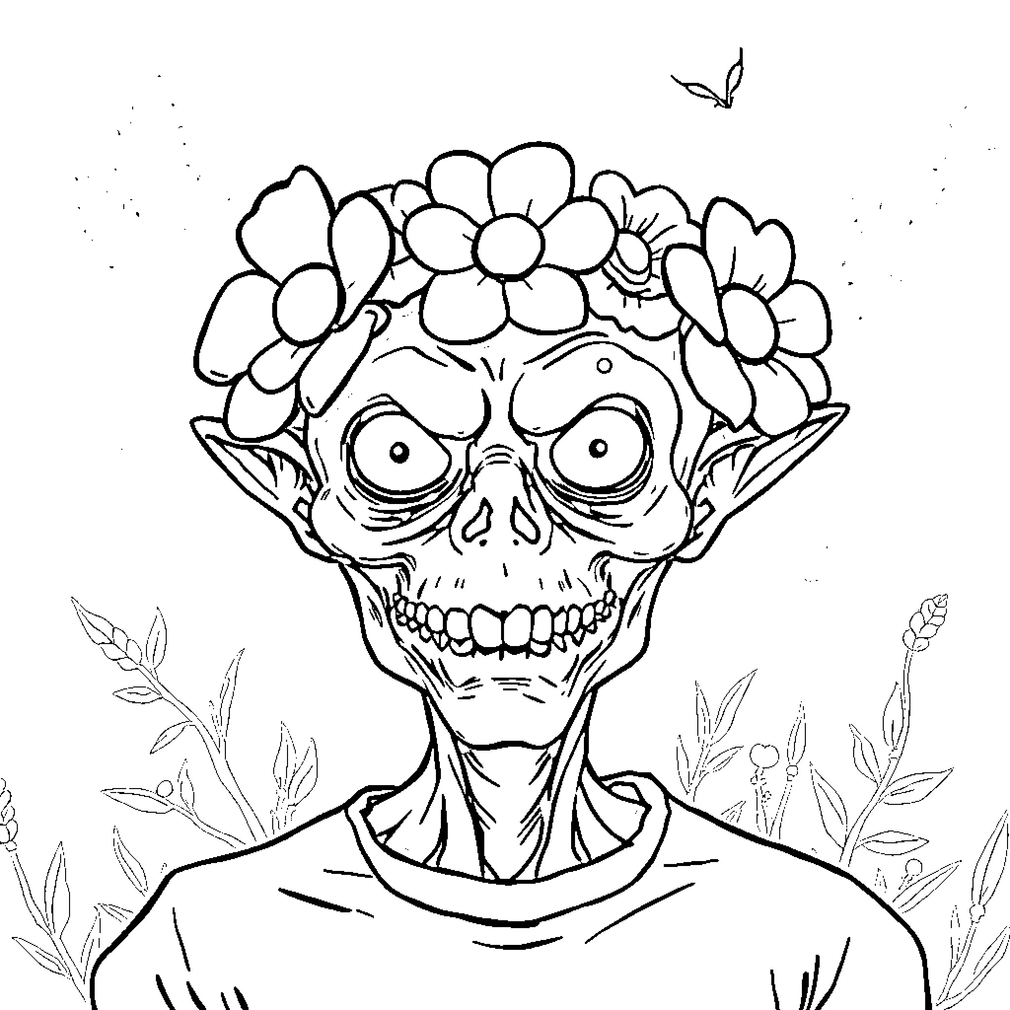Ghoul with floral crown in mystical nature Coloring Page (free black-and-white line drawing printable PDF for all, from beginners to advanced learners, including children, teens, adults, and seniors)