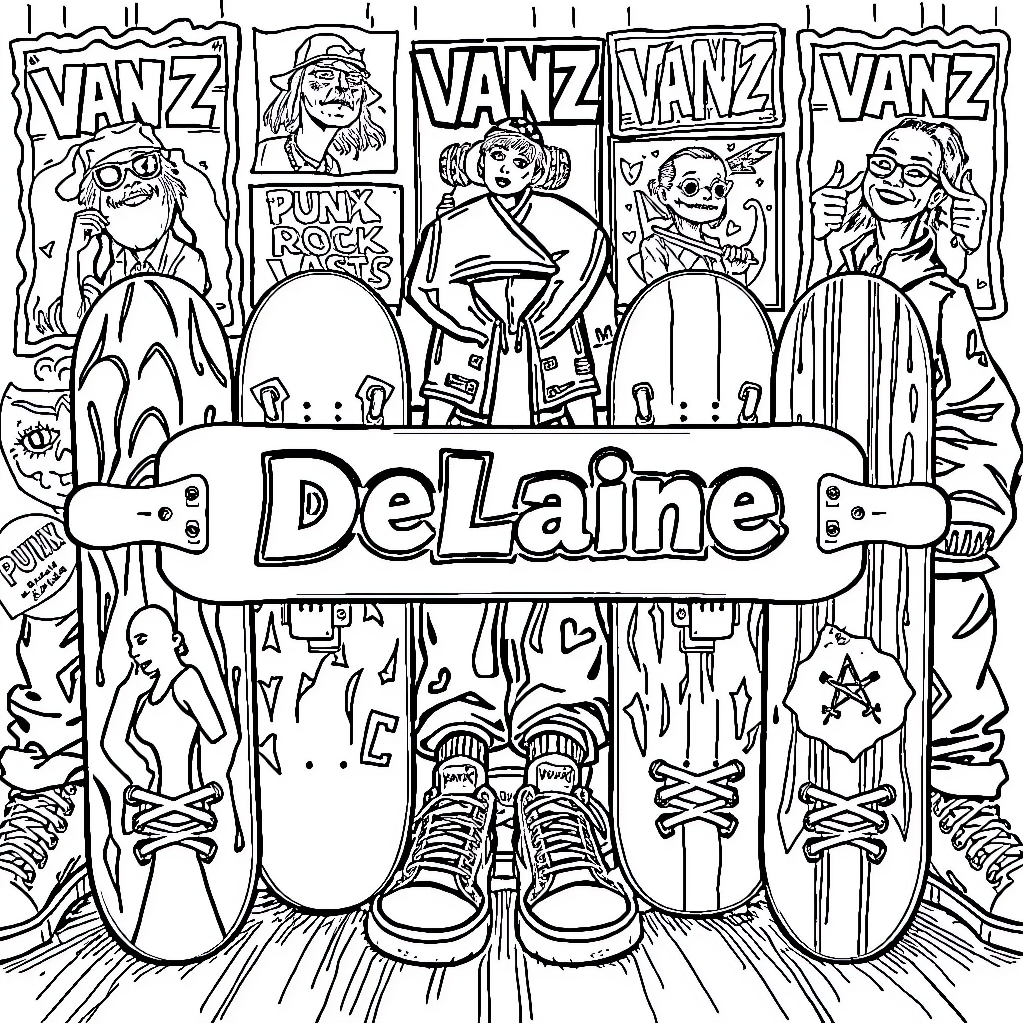 DeLaine's Punk Rock Adventure Coloring Page (free black-and-white line drawing printable PDF for all, from beginners to advanced learners, including children, teens, adults, and seniors)