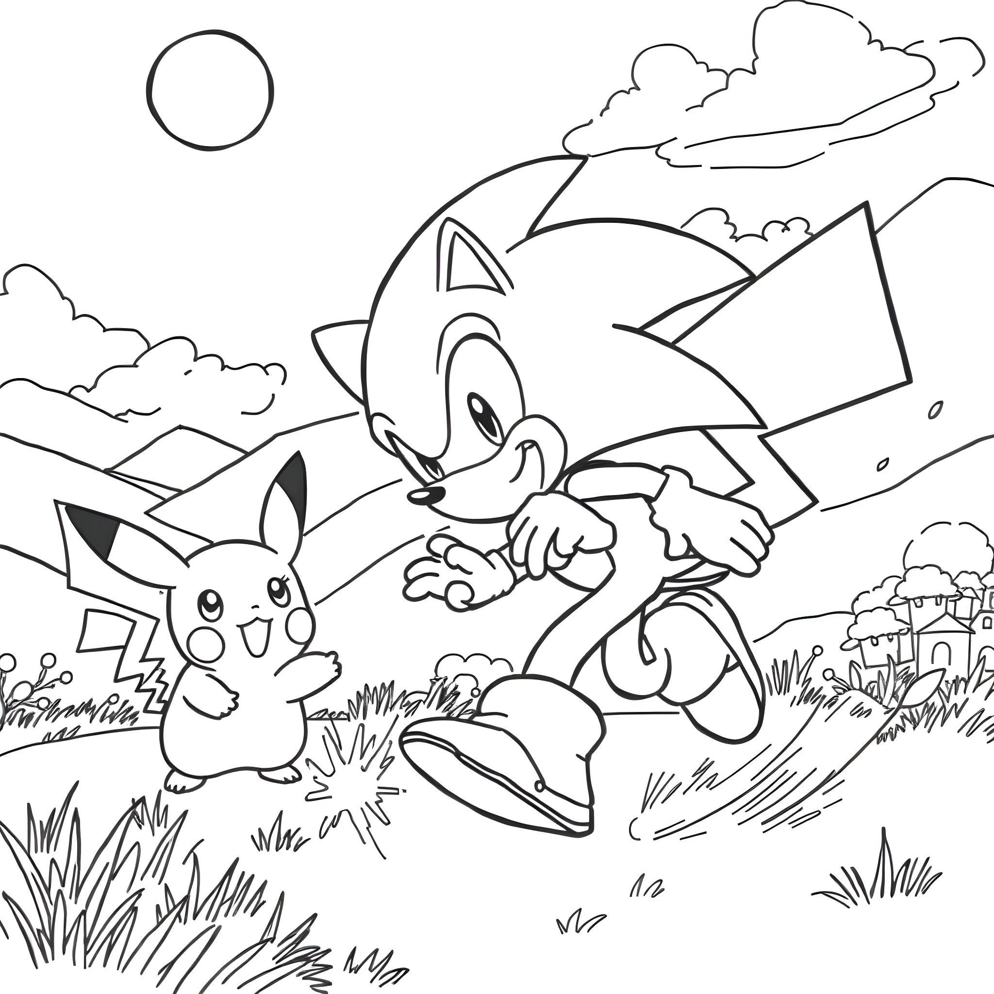 Sonic running with Pikachu in a scenic outdoor setting Coloring Page (free black-and-white line drawing printable PDF for all, from beginners to advanced learners, including children, teens, adults, and seniors)