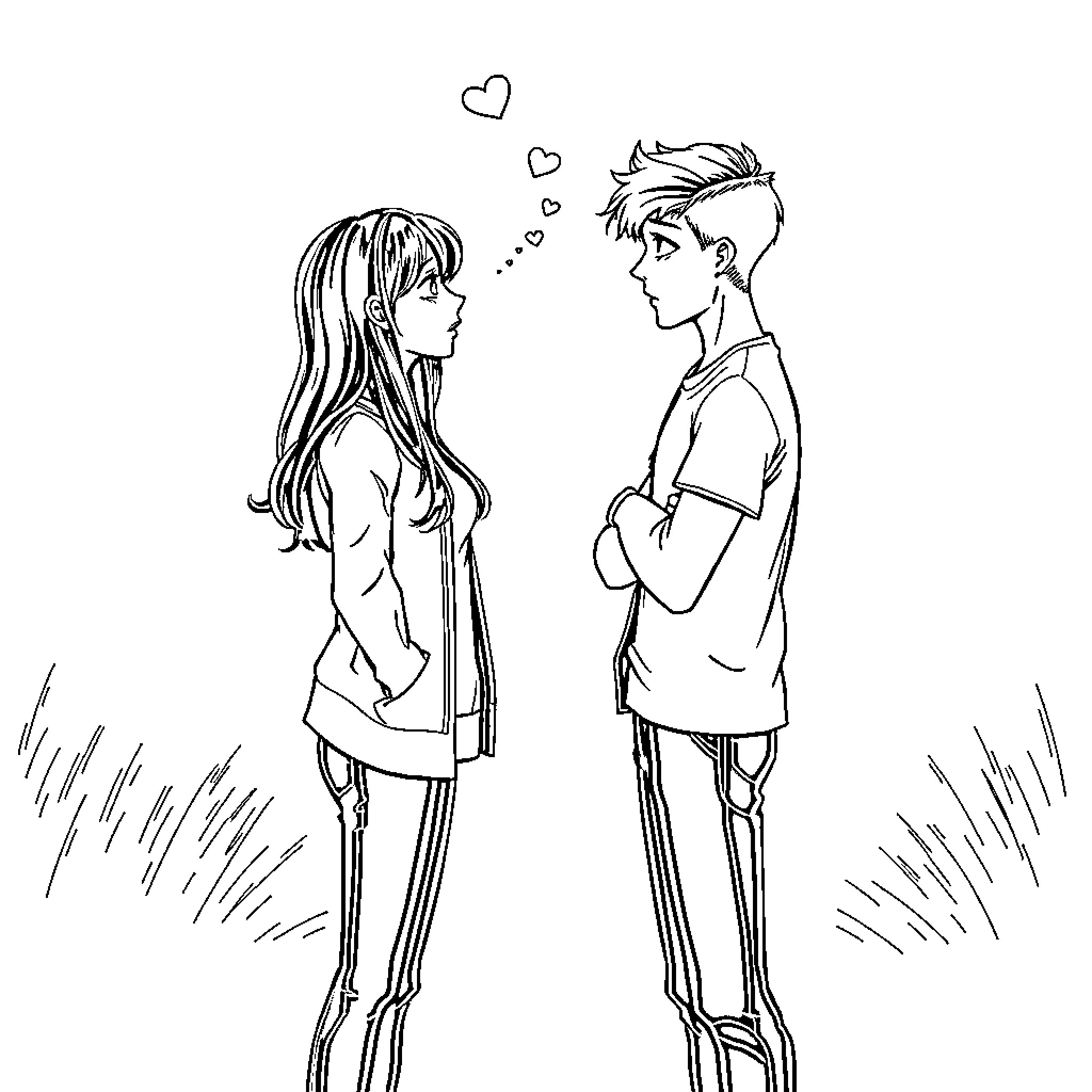 Breakup between two young people in the park Coloring Page (free black-and-white line drawing printable PDF for all, from beginners to advanced learners, including children, teens, adults, and seniors)