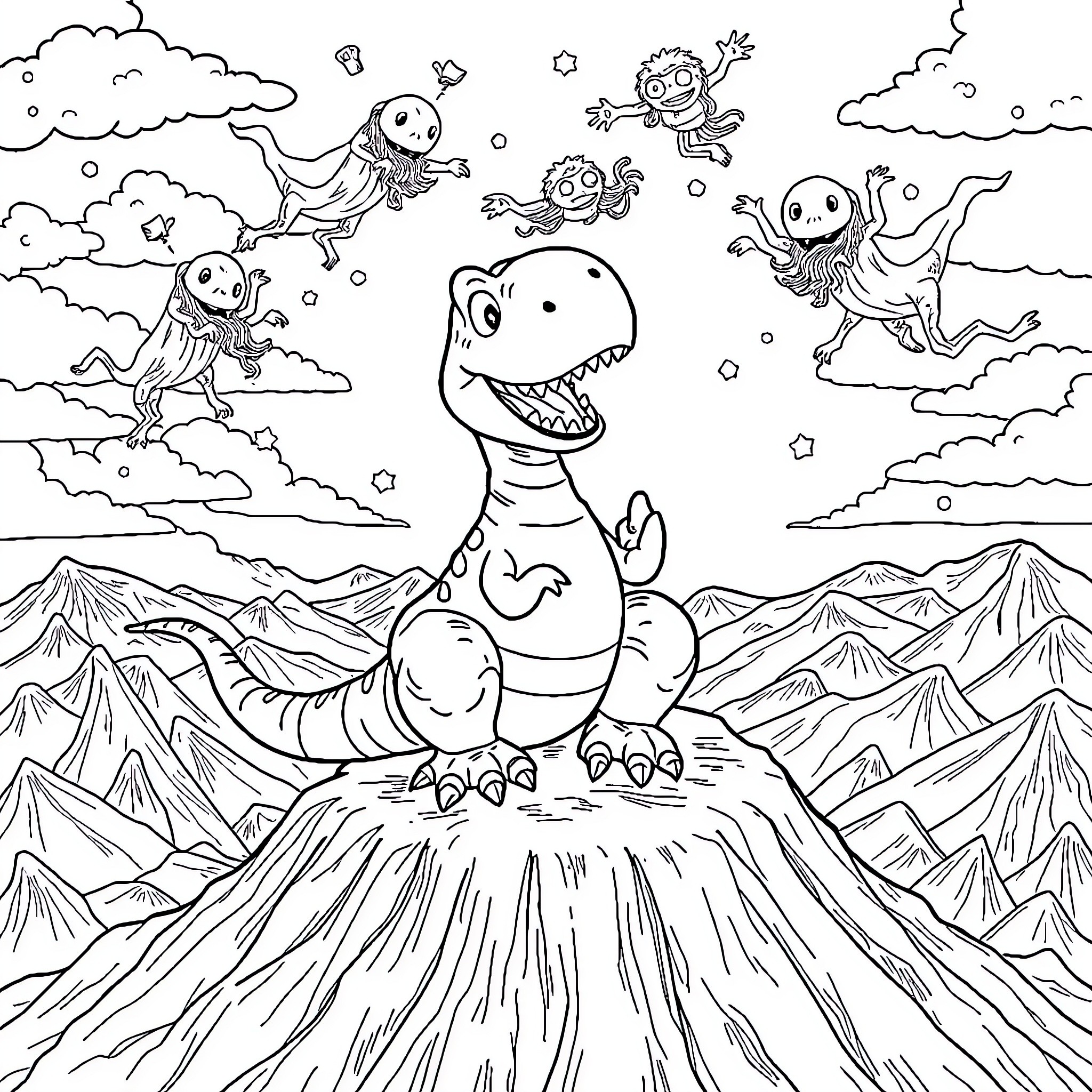 Dinosaur friends playing in the clouds and mountains Coloring Page (free black-and-white line drawing printable PDF for all, from beginners to advanced learners, including children, teens, adults, and seniors)