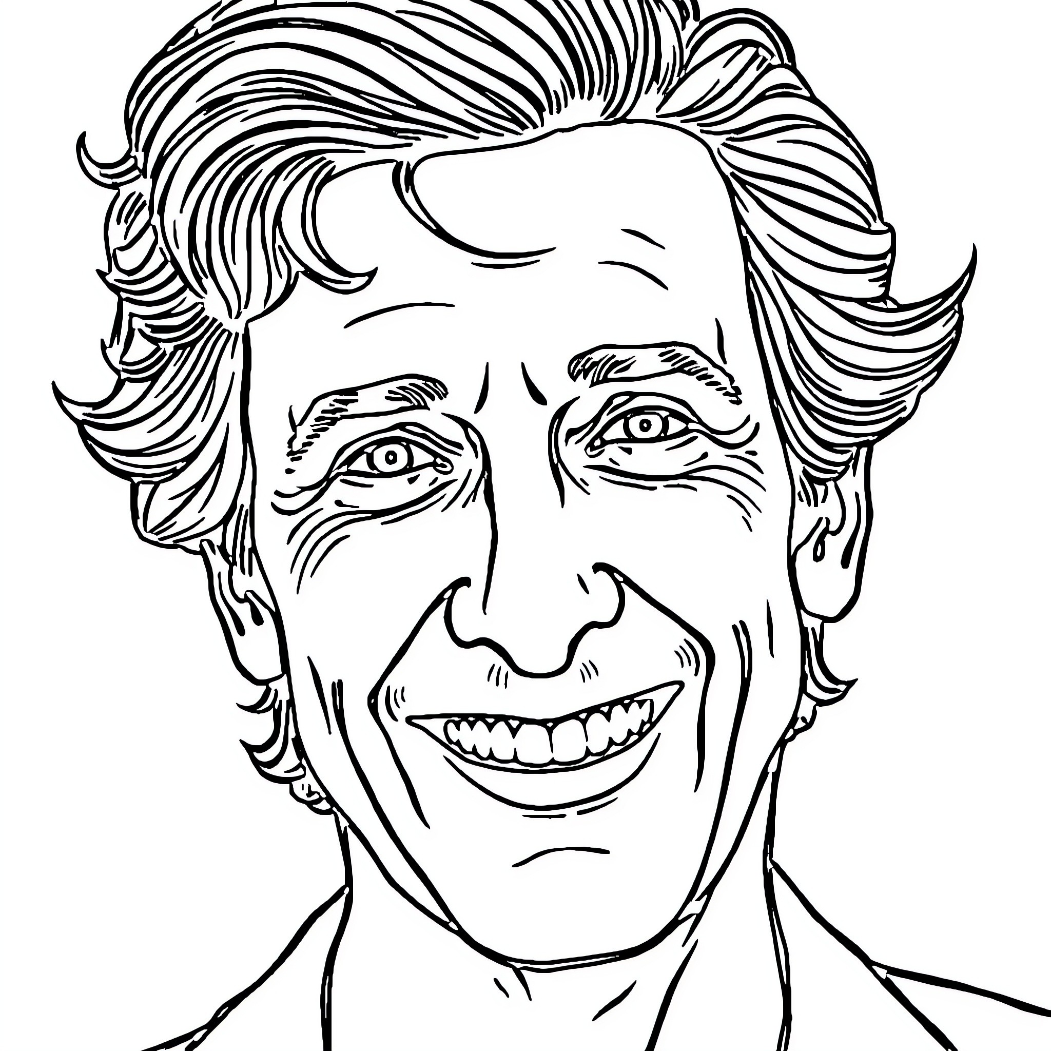 Alan Partridge's Iconic Grin and Mischievous Expression Coloring Page (free black-and-white line drawing printable PDF for all, from beginners to advanced learners, including children, teens, adults, and seniors)