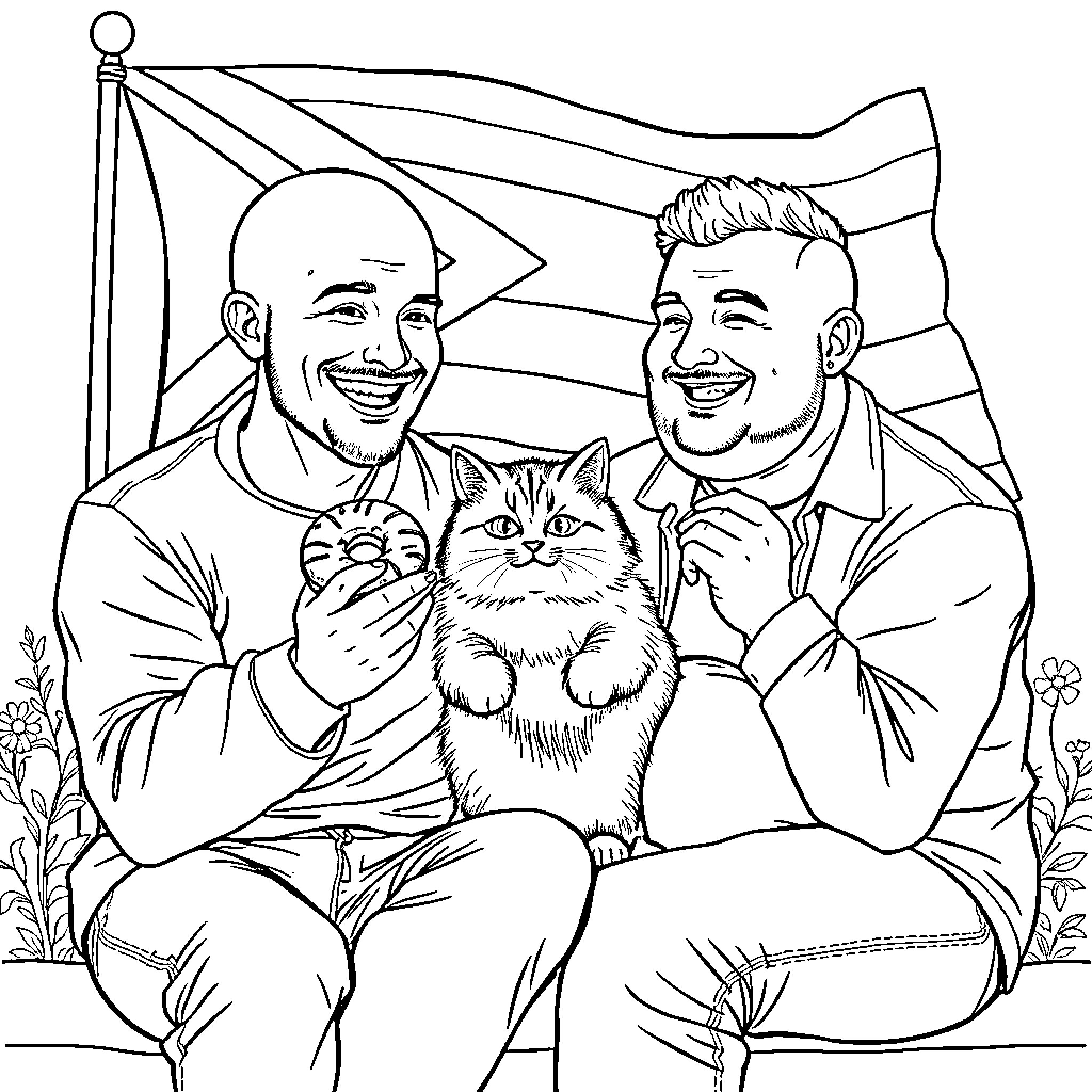 Men enjoying time with their pet cat Coloring Page (free black-and-white line drawing printable PDF for all, from beginners to advanced learners, including children, teens, adults, and seniors)