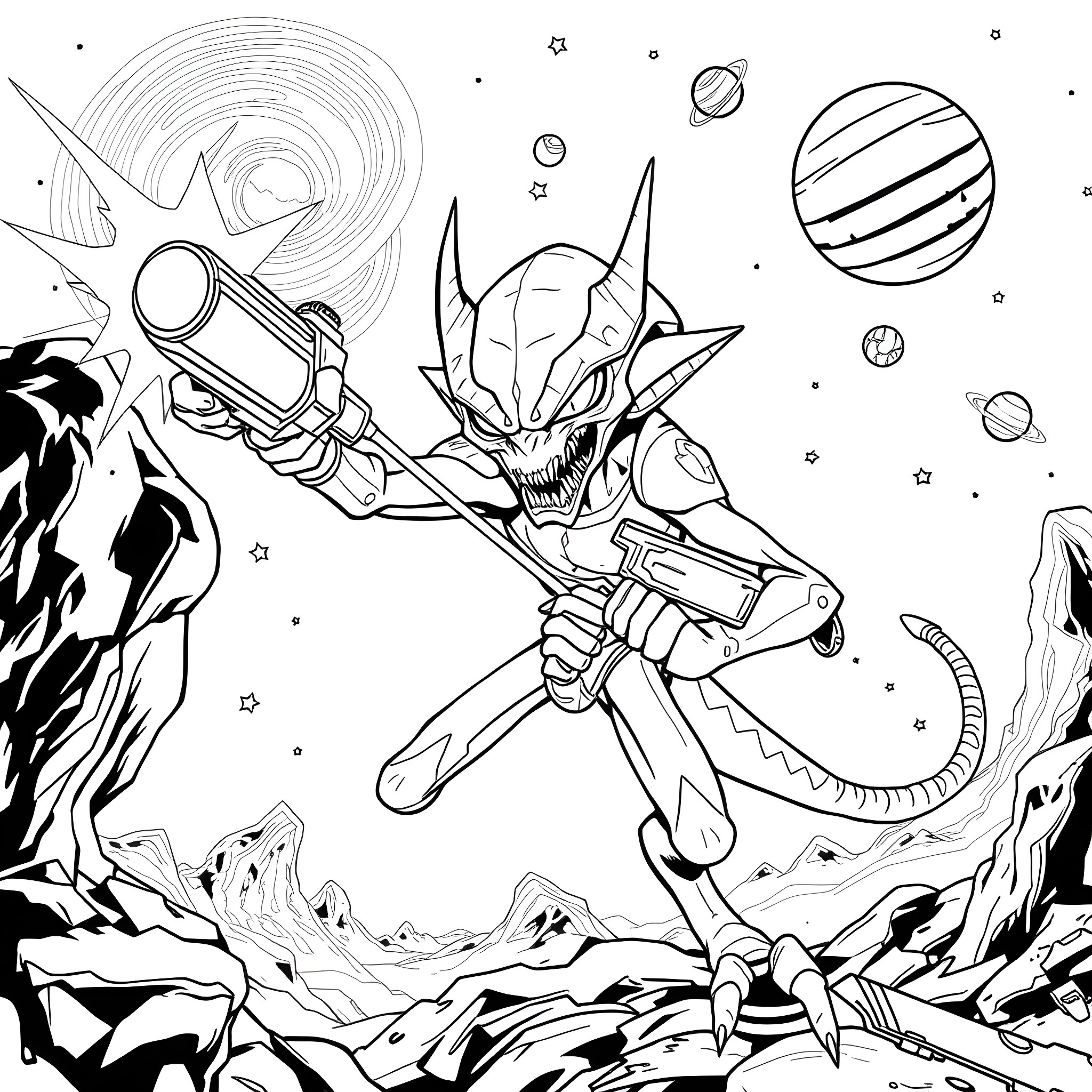 Alien Space Warrior Battling Intergalactic Foes Coloring Page (free black-and-white line drawing printable PDF for all, from beginners to advanced learners, including children, teens, adults, and seniors)