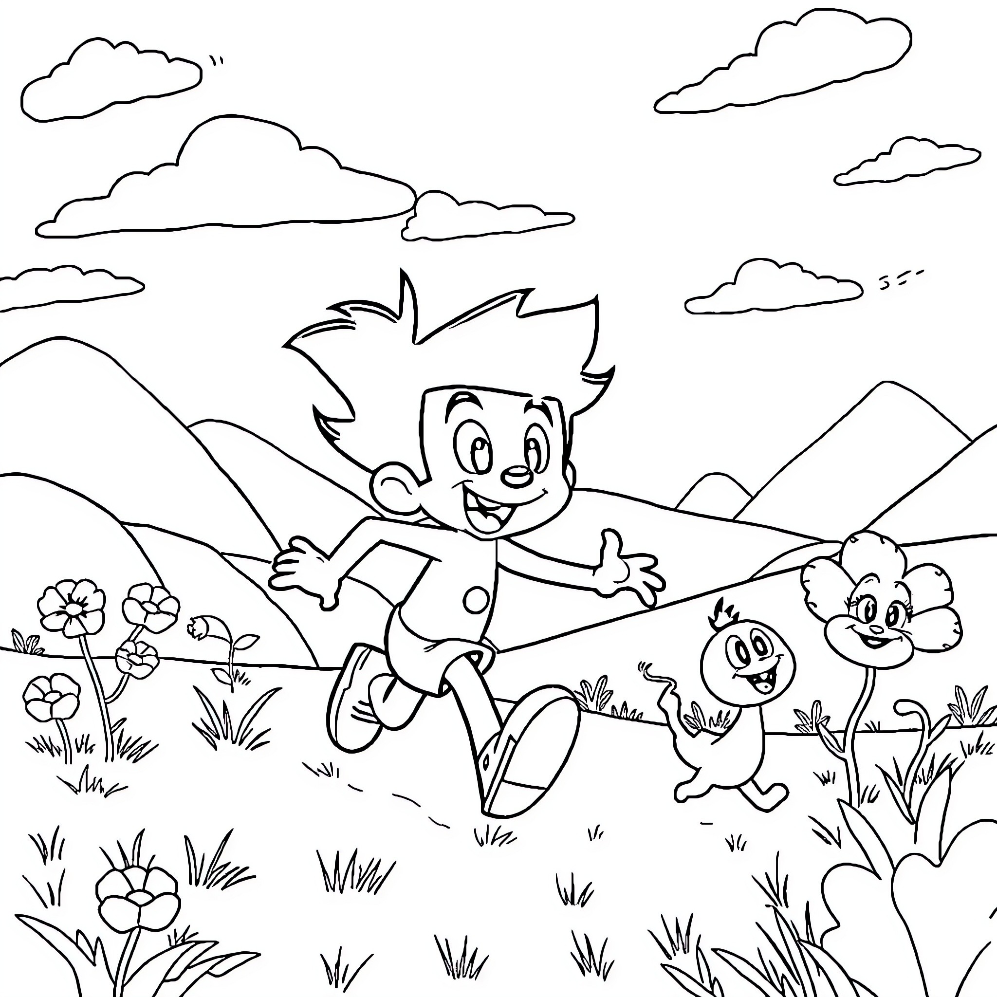 Dandy Boy Frolics with Whimsical Companions Coloring Page (free black-and-white line drawing printable PDF for all, from beginners to advanced learners, including children, teens, adults, and seniors)