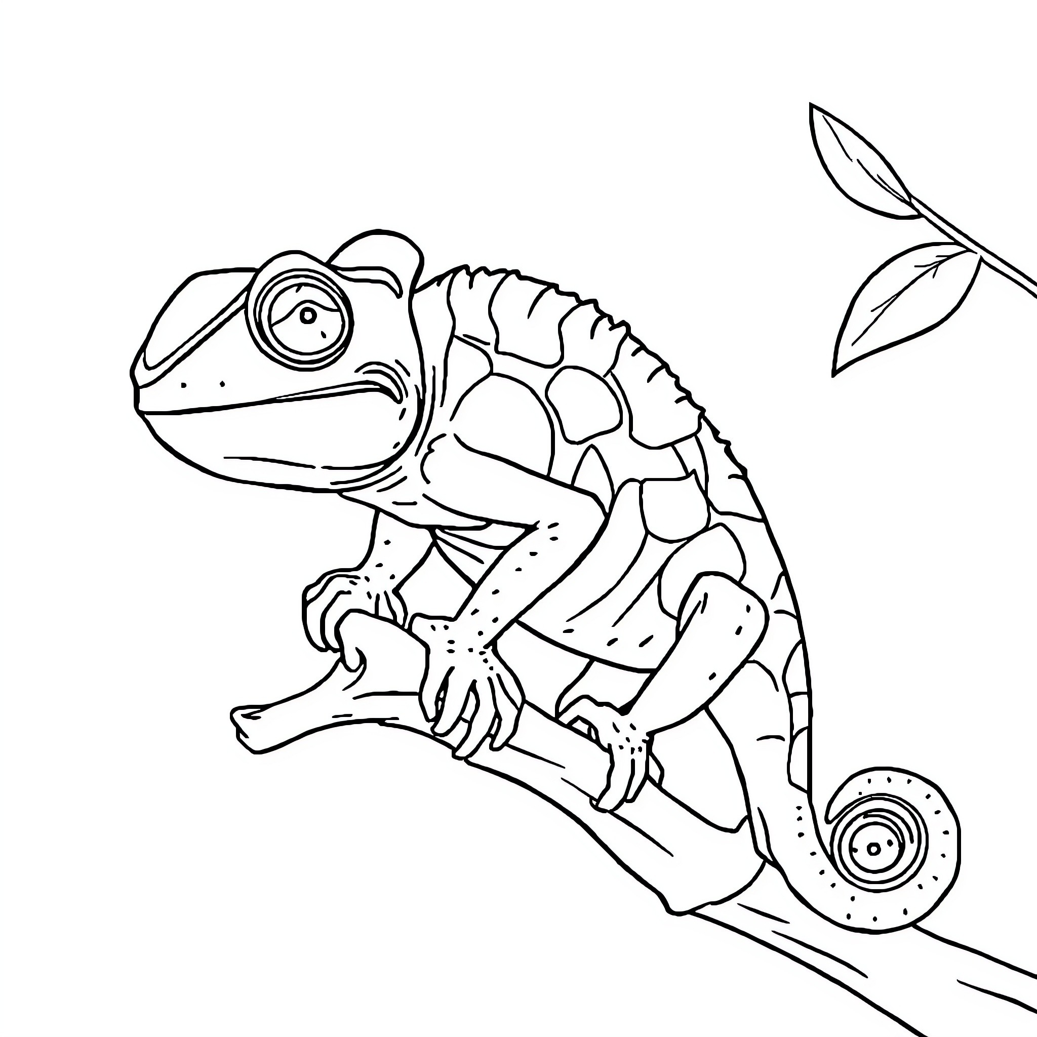 Chameleon exploring the leaves Coloring Page (free black-and-white line drawing printable PDF for all, from beginners to advanced learners, including children, teens, adults, and seniors)