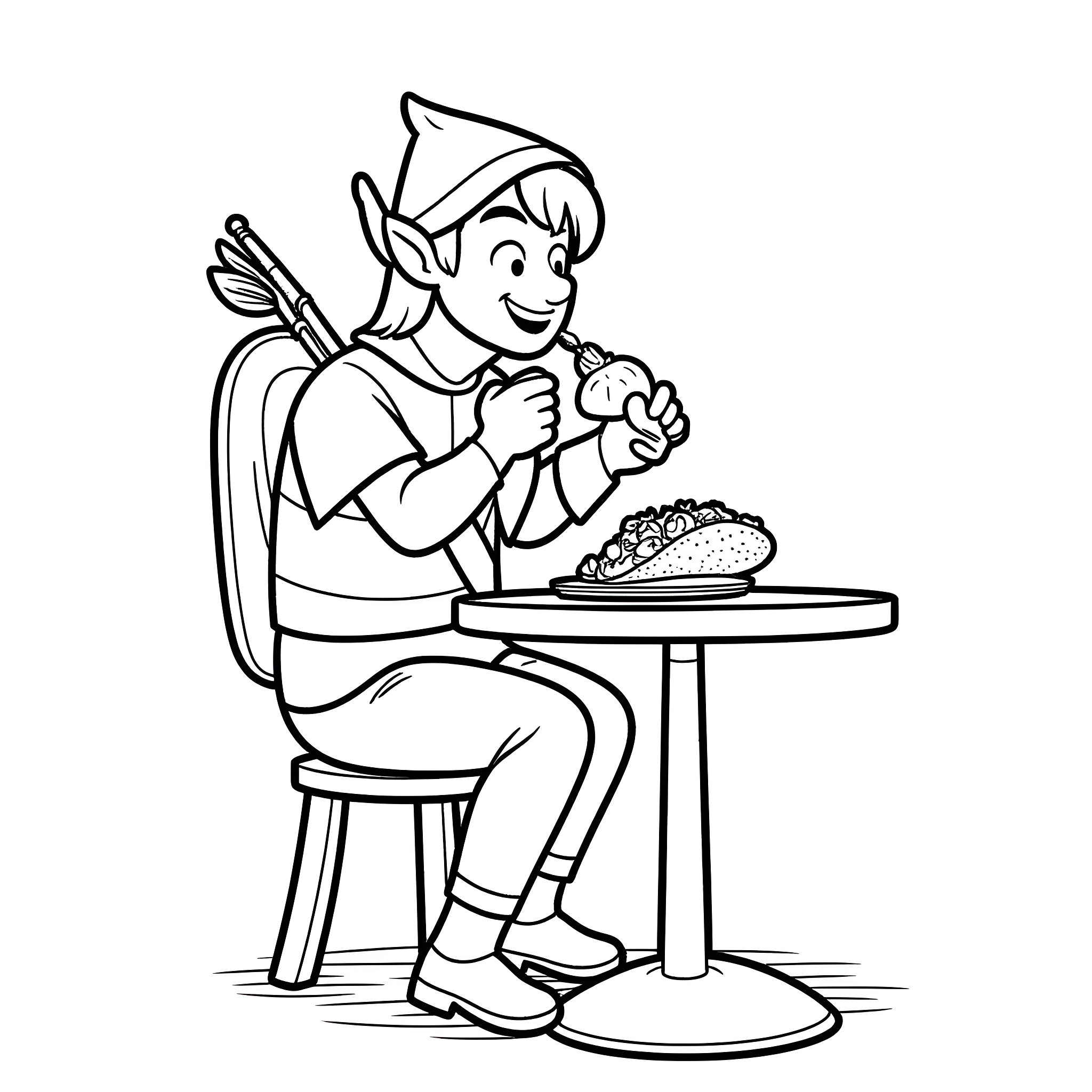 Robin Hood Enjoying a Hearty Meal Coloring Page (free black-and-white line drawing printable PDF for all, from beginners to advanced learners, including children, teens, adults, and seniors)