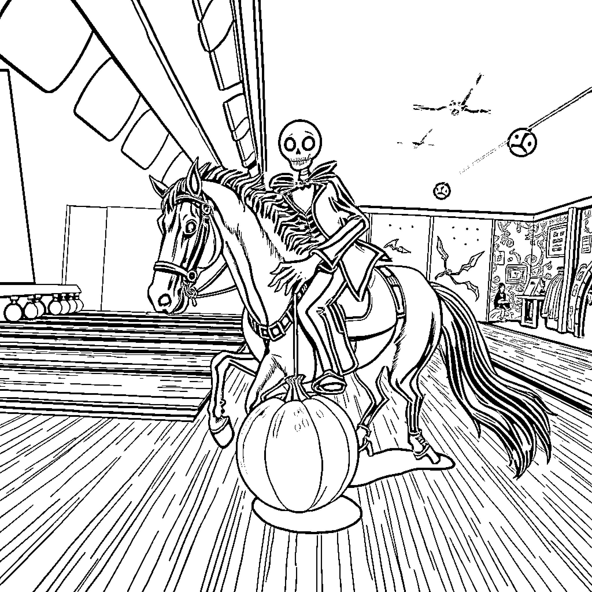 Headless Horseman riding a skeletal horse through a haunted scene Coloring Page (free black-and-white line drawing printable PDF for all, from beginners to advanced learners, including children, teens, adults, and seniors)
