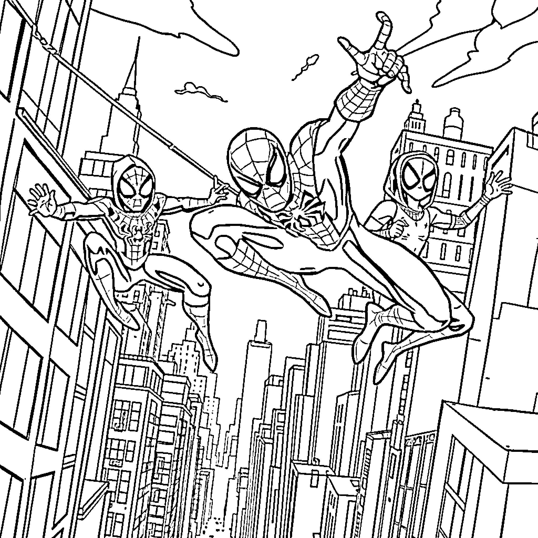 Spider-Men swinging through the city skyline Coloring Page (free black-and-white line drawing printable PDF for all, from beginners to advanced learners, including children, teens, adults, and seniors)