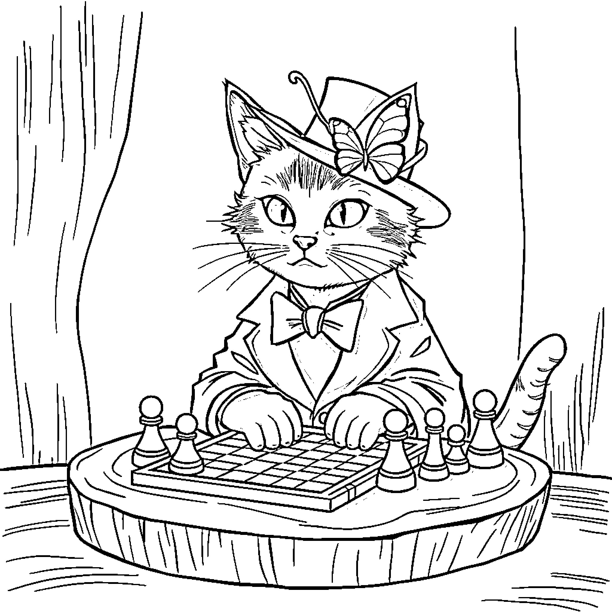 Chat with a Fancy Feline Chess Player Coloring Page (free black-and-white line drawing printable PDF for all, from beginners to advanced learners, including children, teens, adults, and seniors)